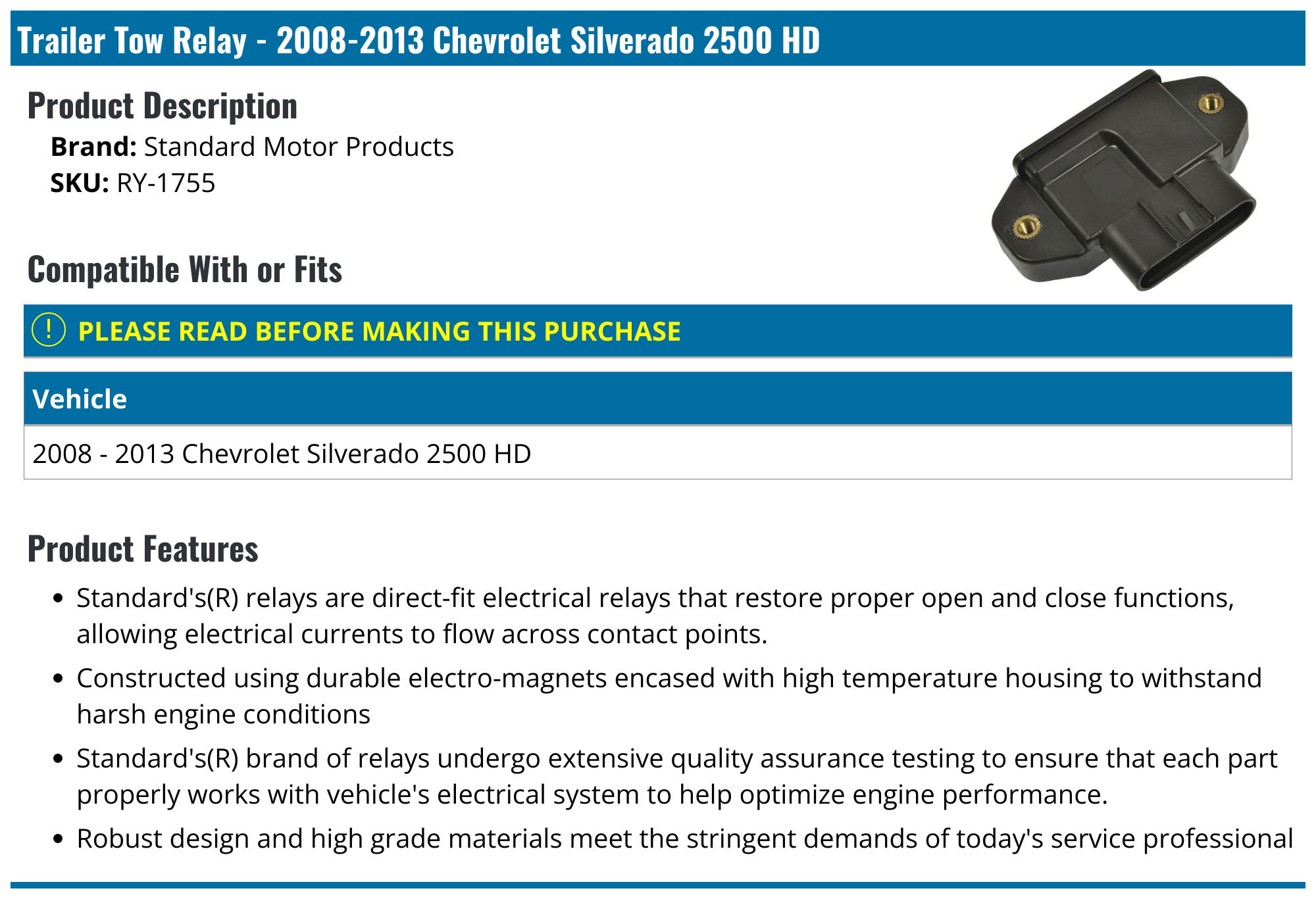 20082013 Chevrolet Silverado 2500 HD Trailer Tow Relay Standard