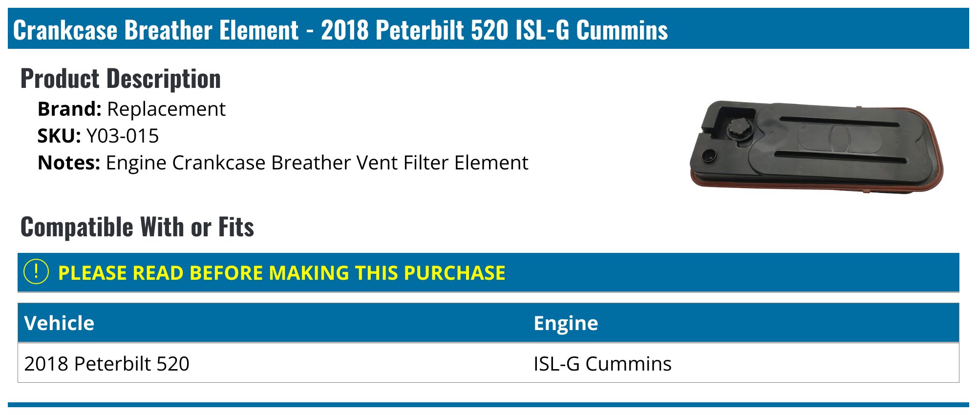 2018 Peterbilt 520 Crankcase Breather Element - Replacement Y03-015 ...