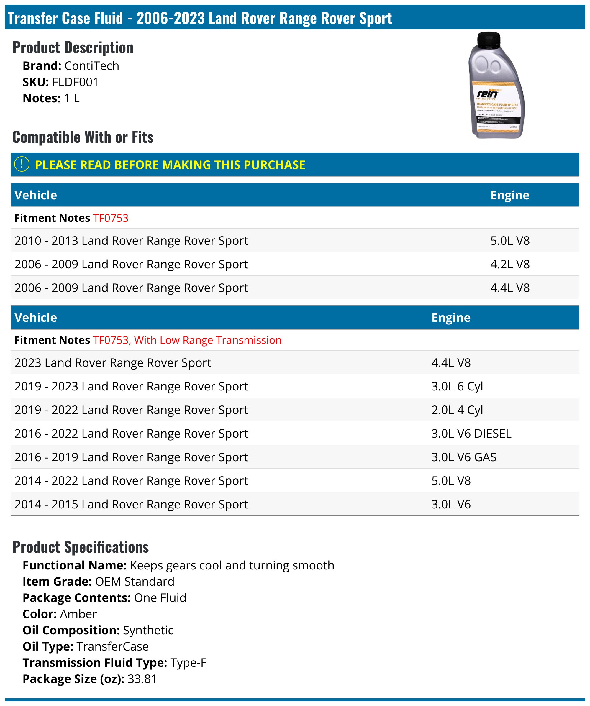 2006-2022 Land Rover Range Rover Sport Transfer Case Fluid - ContiTech ...