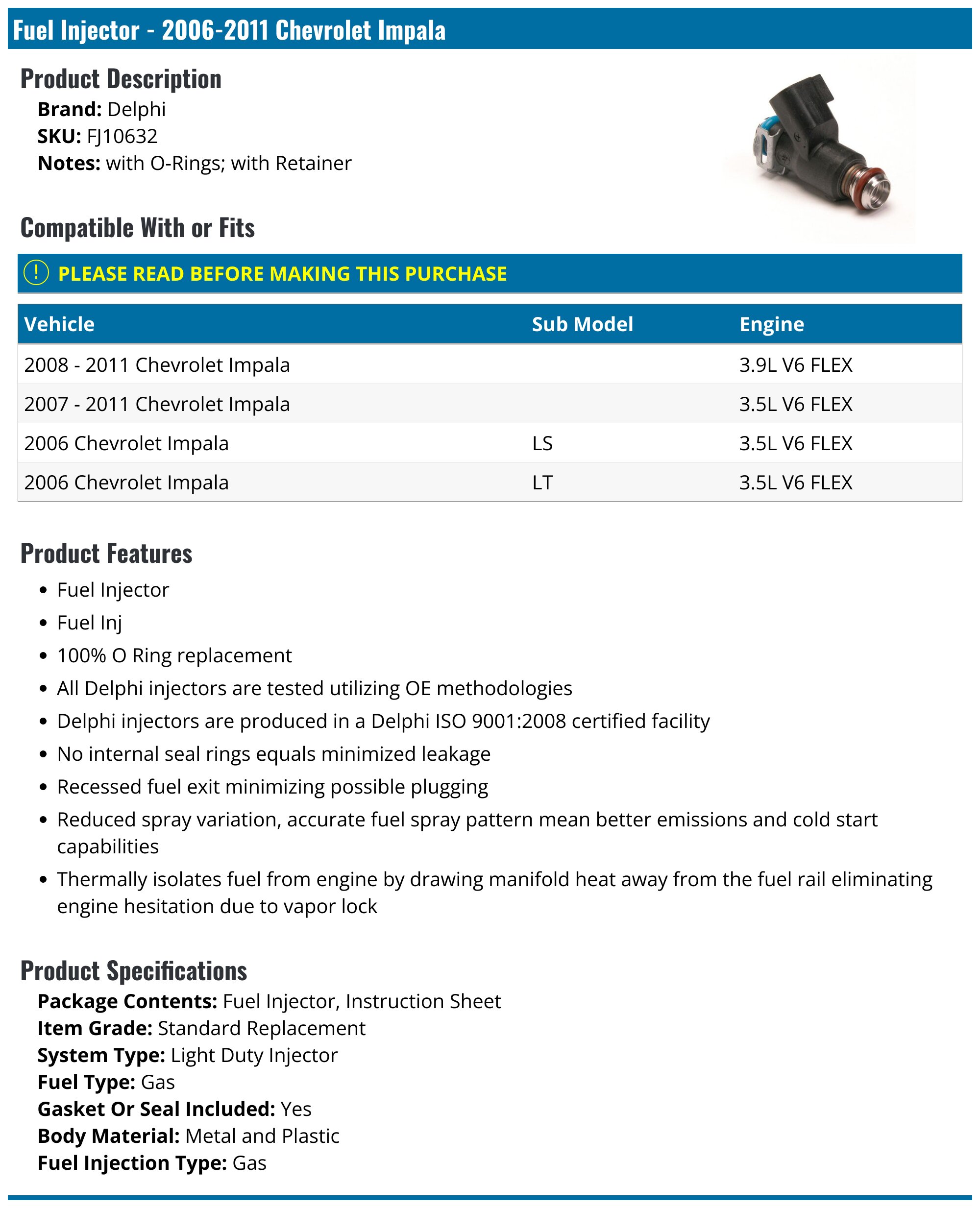 2006-2011 Chevrolet Impala Fuel Injector - Delphi FJ10632