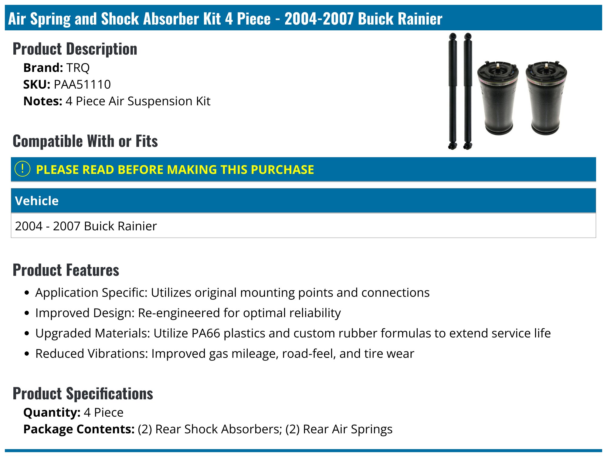 04 buick rainer air bag replacment shock Compatible With For Rainier 2004 2005 2006 2007 Car Rear Left And Right Suspension Accessories Air Bag Suspension Automotive Restore your factory feel and ride quality with reliable suspension components 2004-2007 Buick Rainier Air Spring