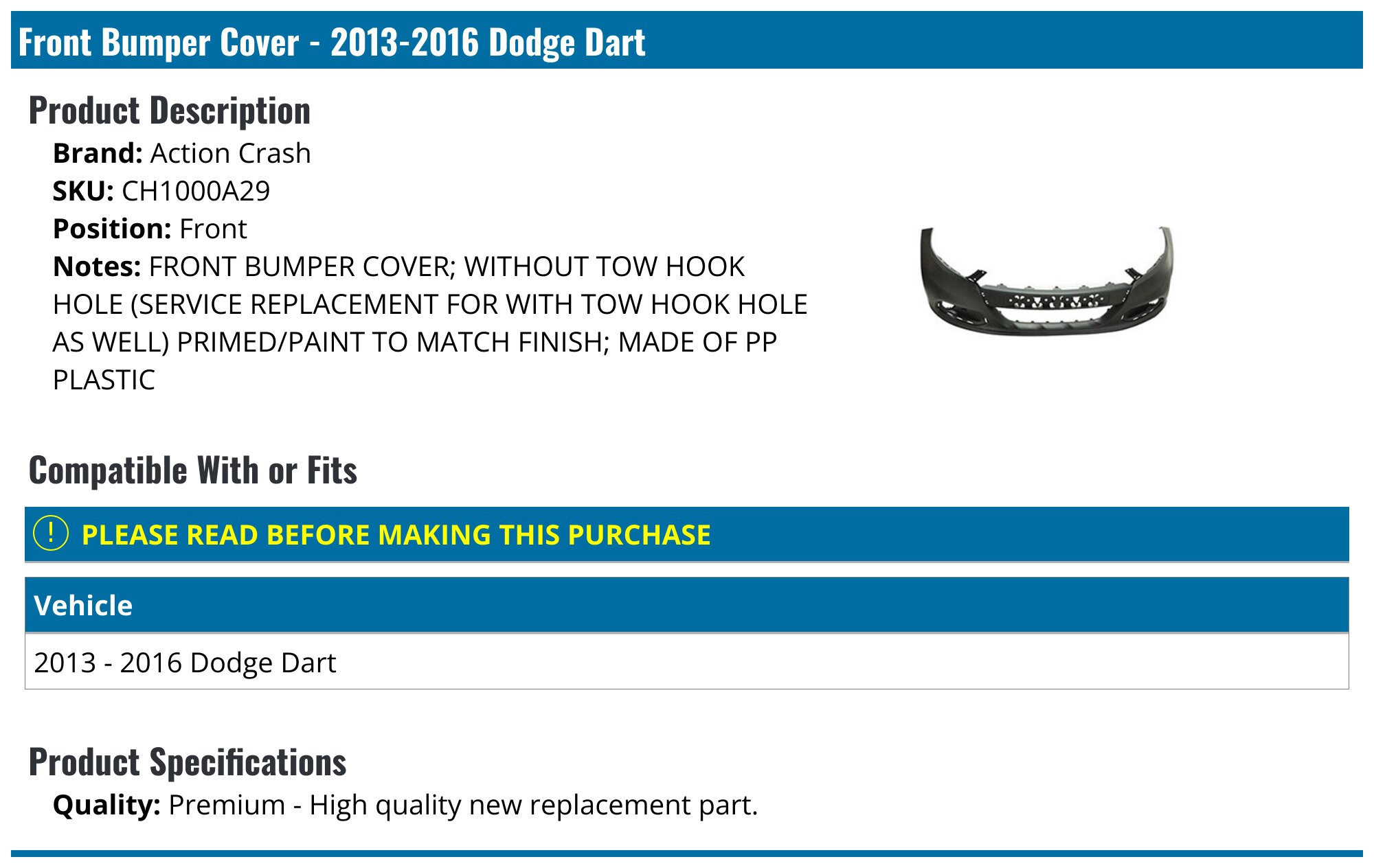 20132016 Dodge Dart Bumper Cover Action Crash CH1000A29 Front