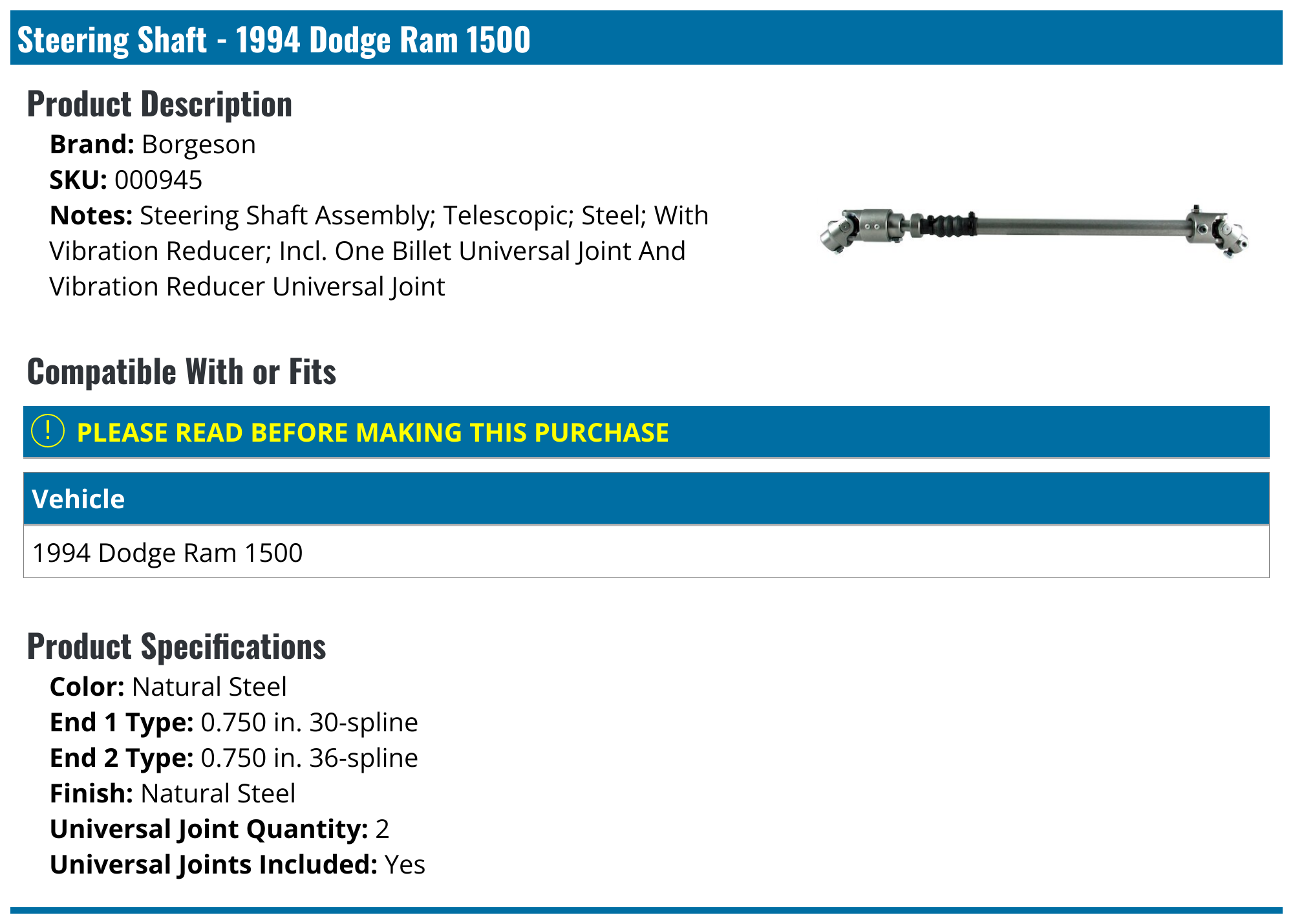 1994 Dodge Ram 1500 Steering Shaft 000945