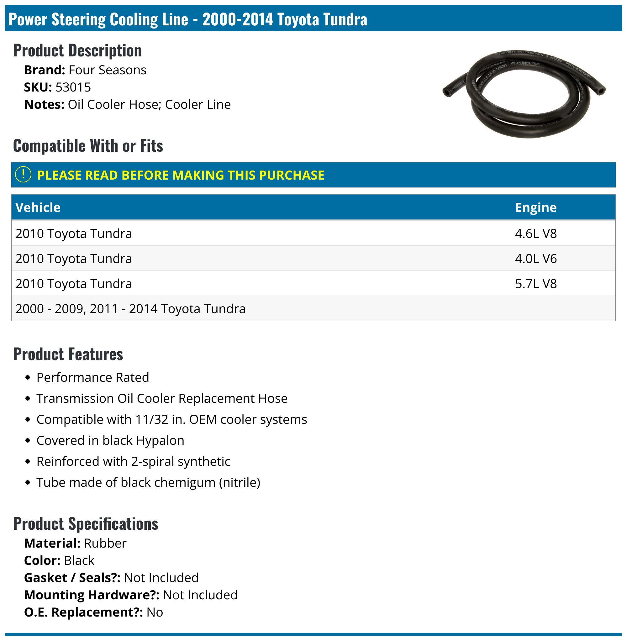 2000-2014 Toyota Tundra Power Steering Cooling Line - Four Seasons