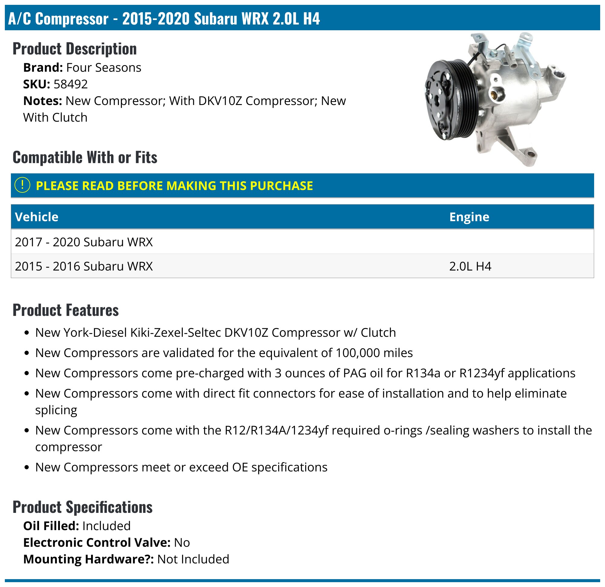 2015-2021 Subaru WRX A/C Compressor - Four Seasons 58492 - PartsGeek.com