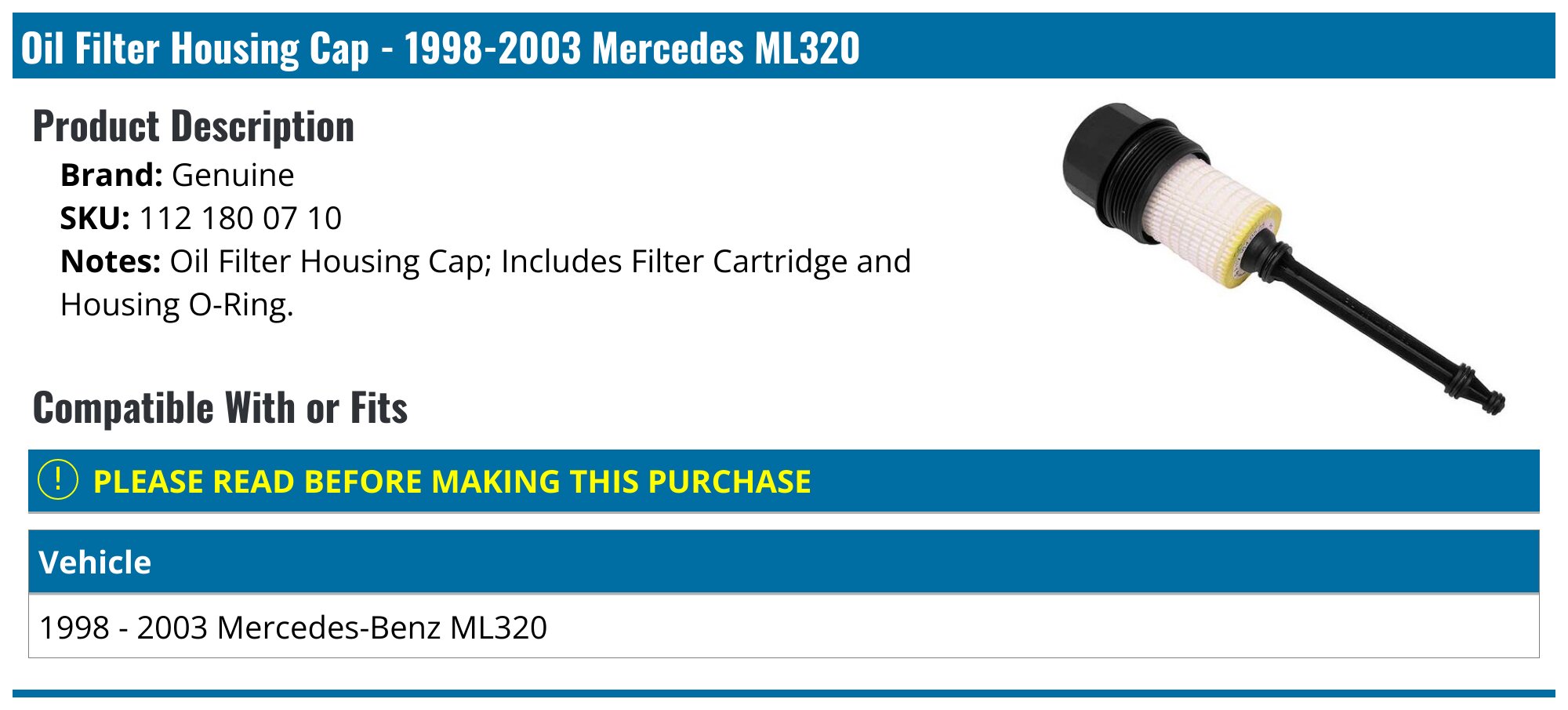 19982003 Mercedes ML320 Oil Filter Housing Cap Genuine 112 180 07 10