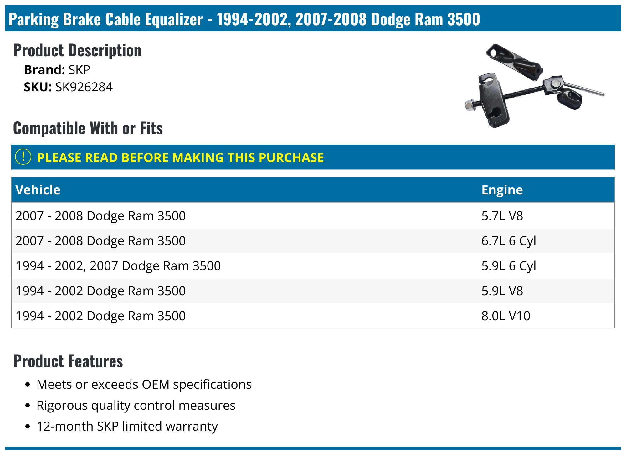 1994-2002, 2007-2008 Dodge Ram 3500 Parking Brake Cable Equalizer 