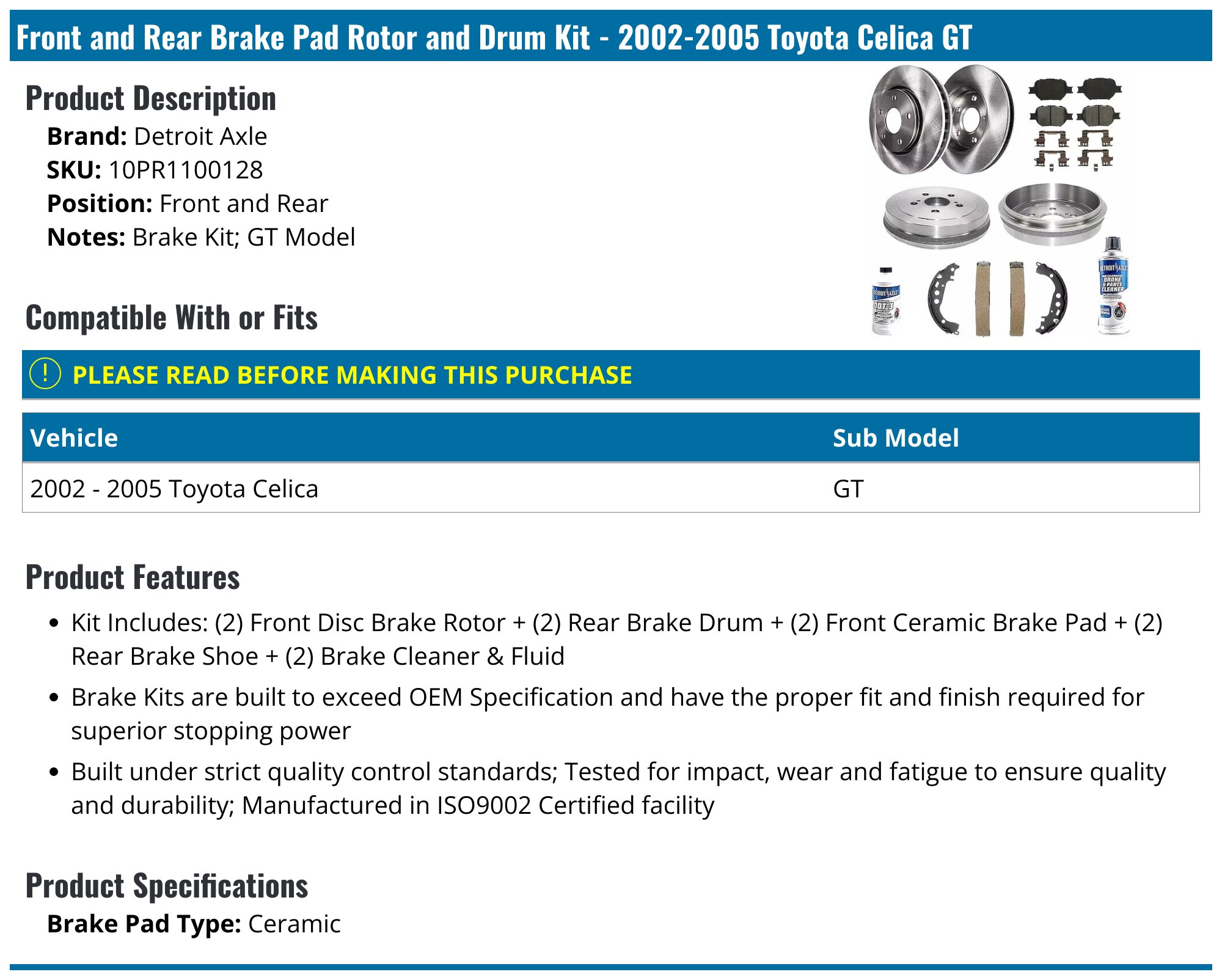 2002-2005 Toyota Celica Brake Pad Rotor and Drum Kit - Detroit Axle ...