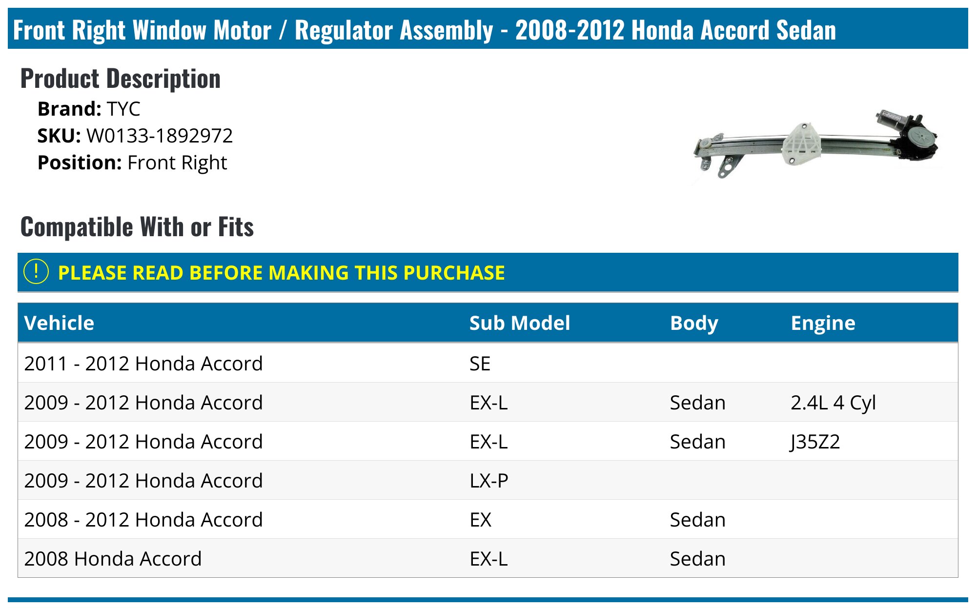 AM Autoparts Front Right Window Regulator & Motor – 2008-2012 Honda Accord, Power, 10-Year Warranty