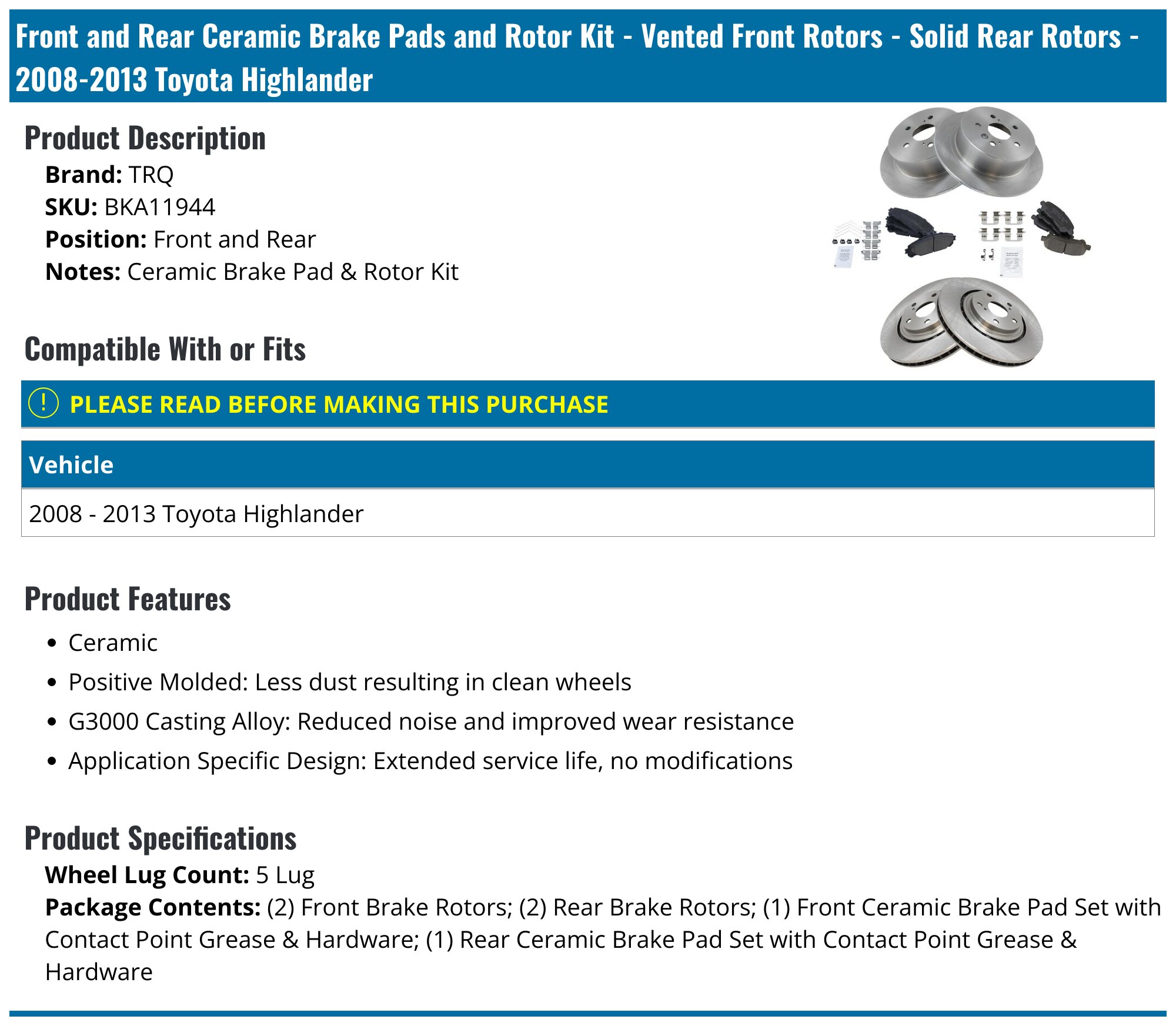 2011 Toyota Highlander Premium Ceramic Brake Pads 2011 Toyota Highlander Premium Ceramic Brake Pads