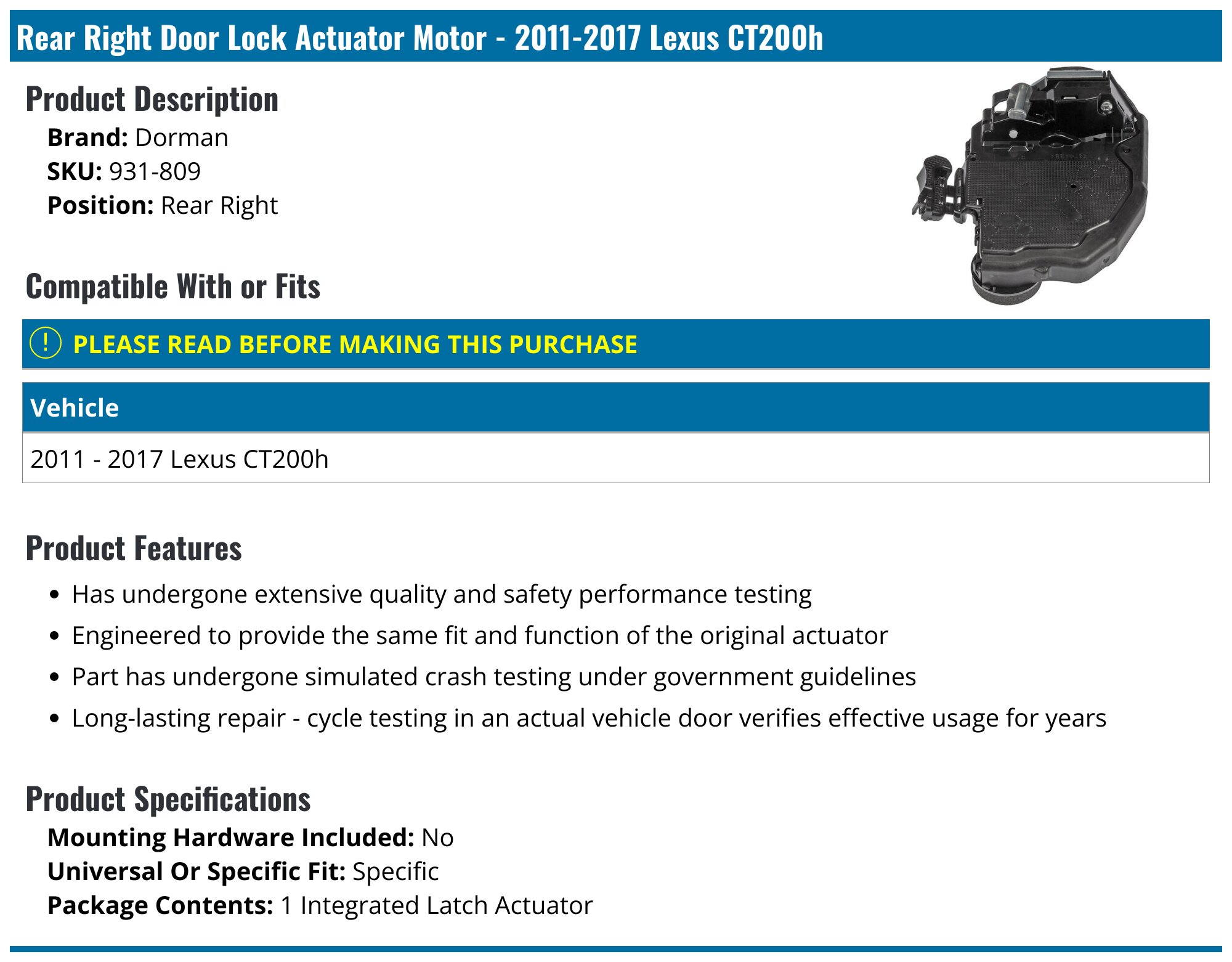 Rear Right Door Lock Actuator – Integrated Latch For Toyota Camry, Lexus, Scion