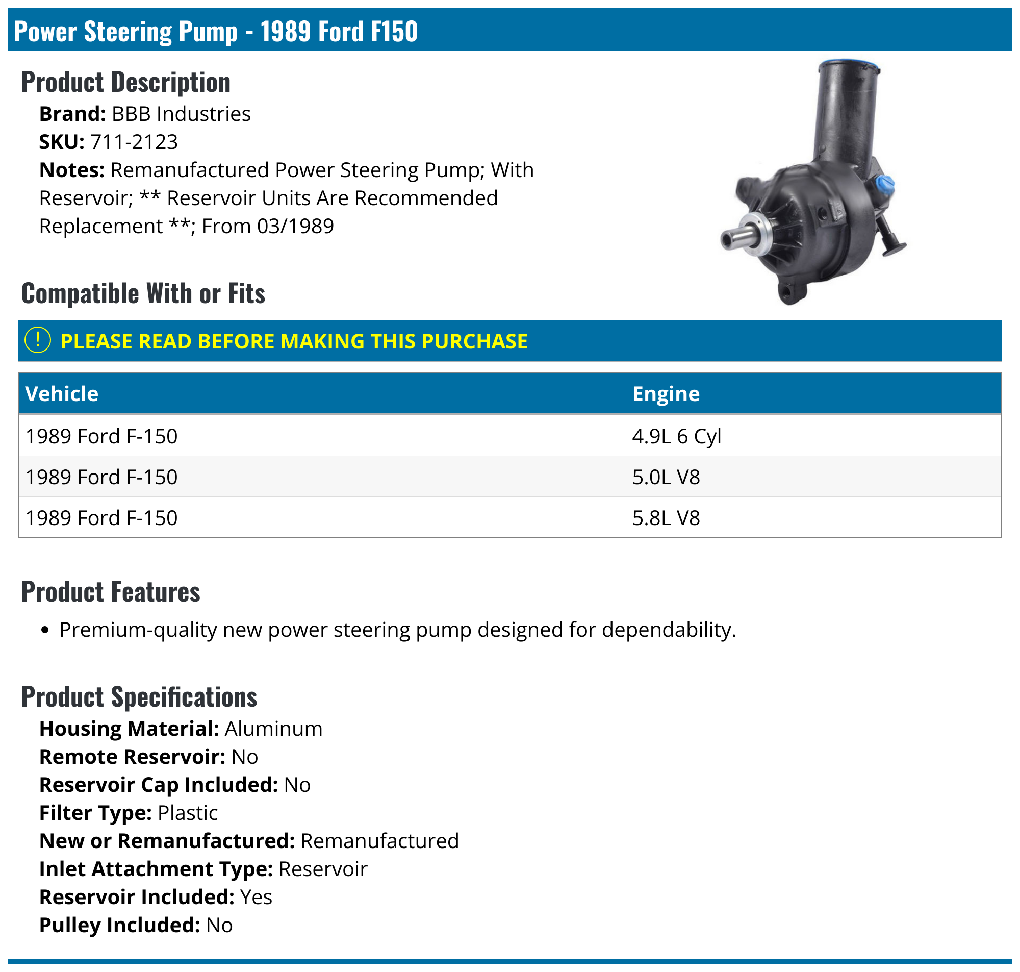 1989 Ford F150 Power Steering Pump BBB Industries 7112123
