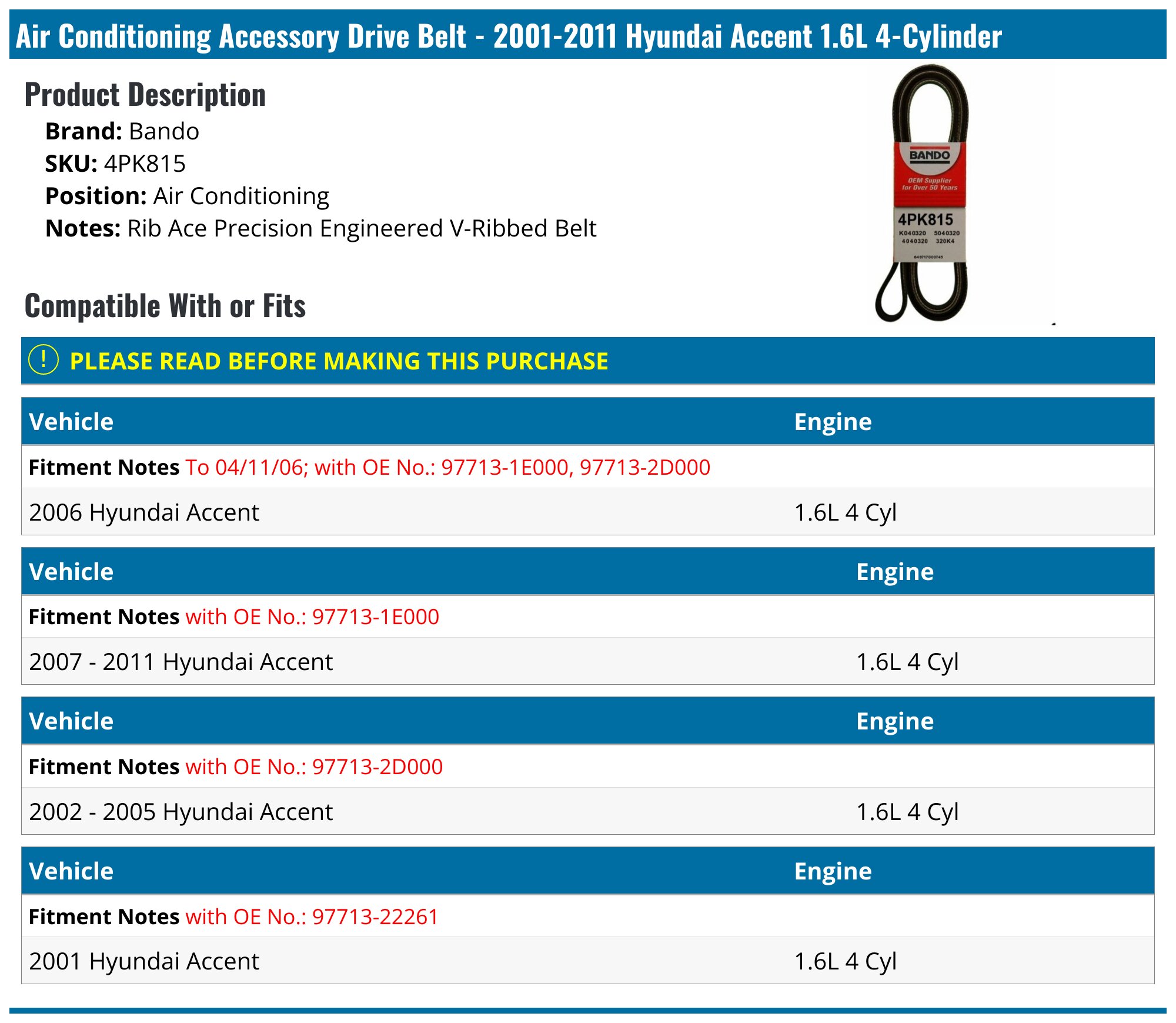 Hyundai Accent V-Ribbed Belt & Pulley Kit - Direct Fit For 2006-2011 1.6L Models