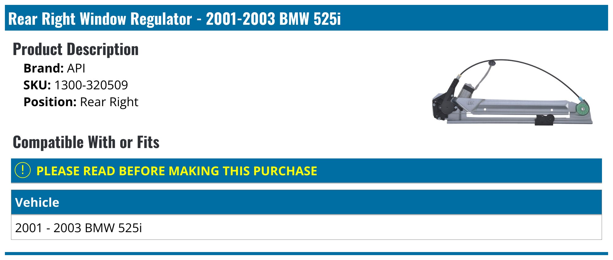 SCITOO Front Right Window Regulator With Motor For BMW 525i (2001-2003) - Direct Replacement