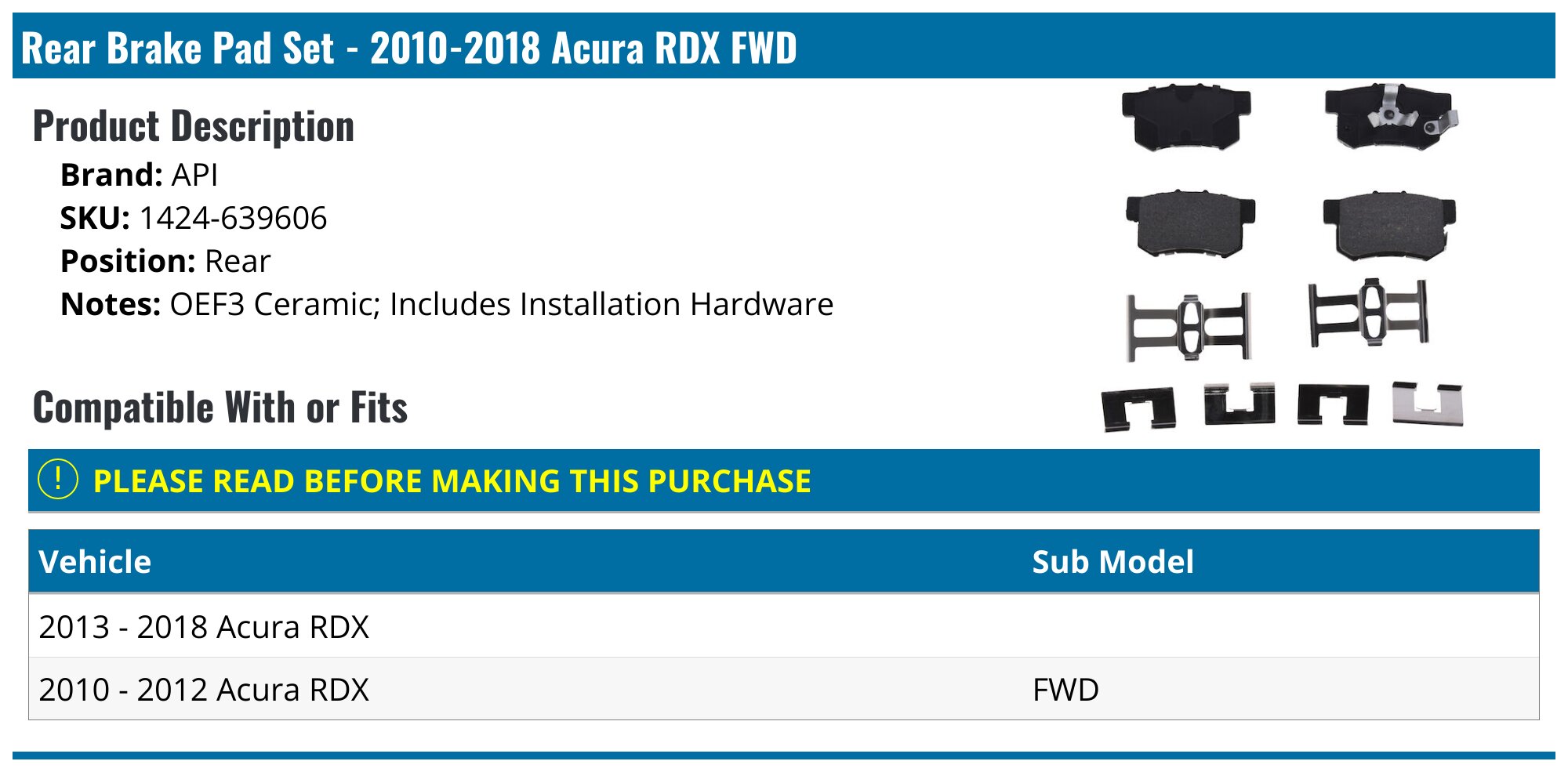 APF Ceramic Brake Pad Set (Front & Rear) For 2013-2018 Acura RDX – Hardware Included