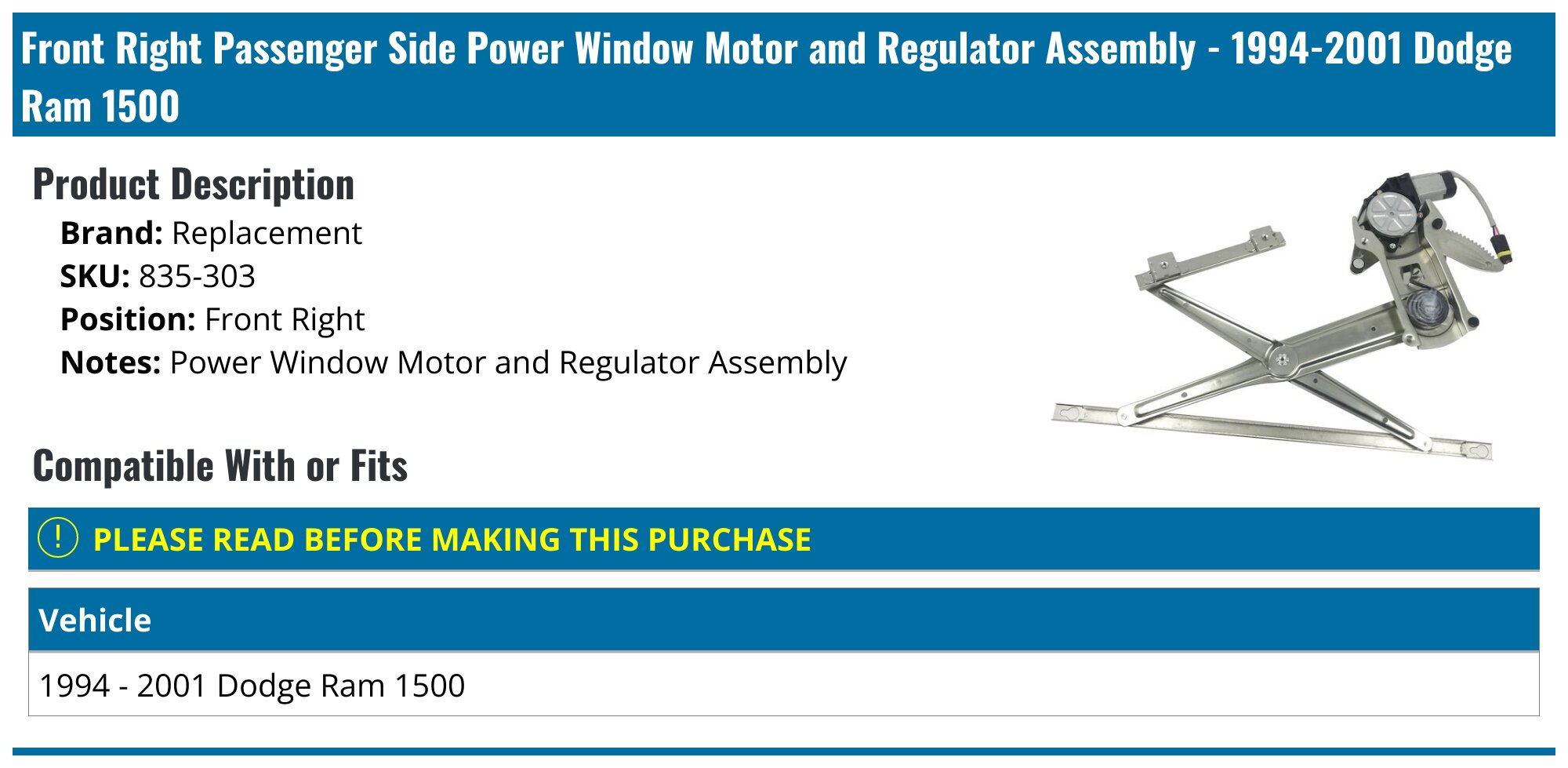 Front Driver Side Power Window Regulator With Motor For 1994-2002 Dodge Ram 1500/2500/3500