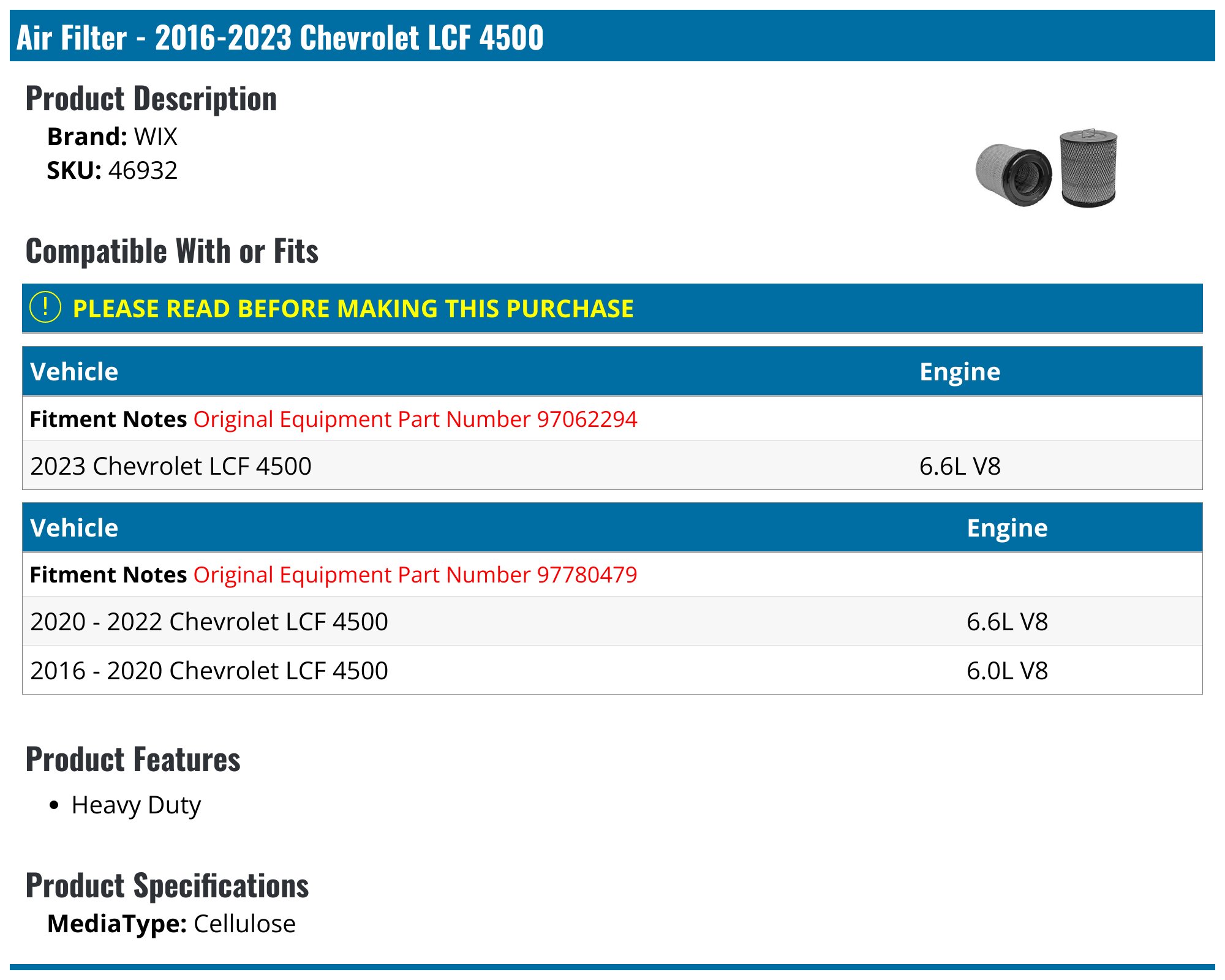 16 22 Chevrolet Lcf 4500 Air Filter Wix Partsgeek Com