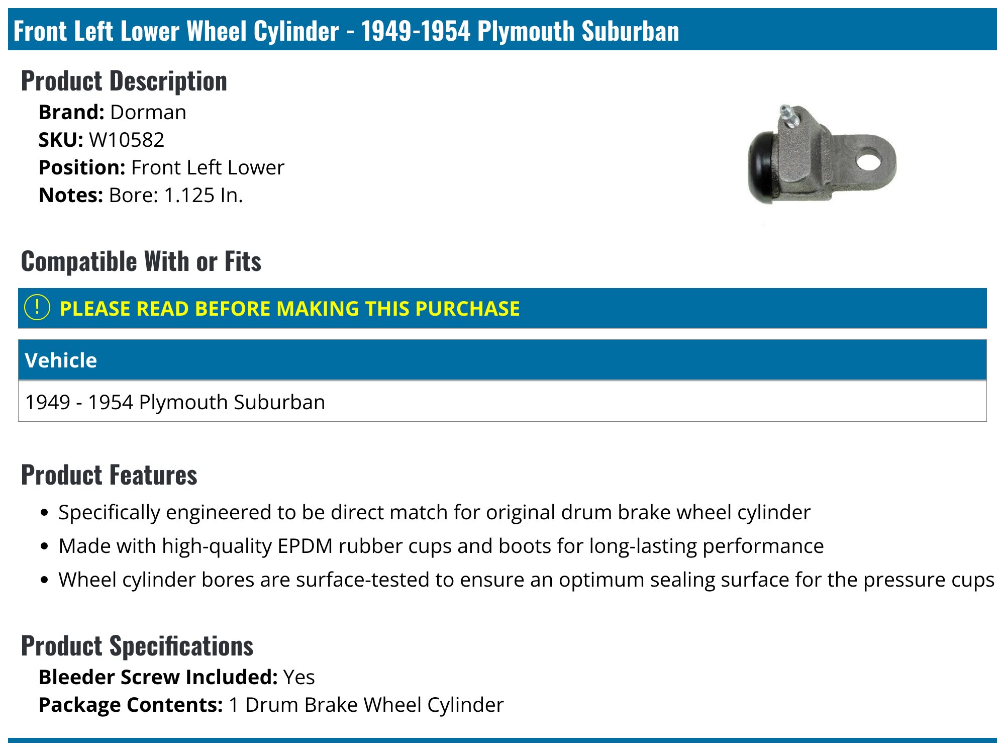 Dorman W10582 Drum Brake Wheel Cylinder Front Left For 1949-1955 Dodge Coronet