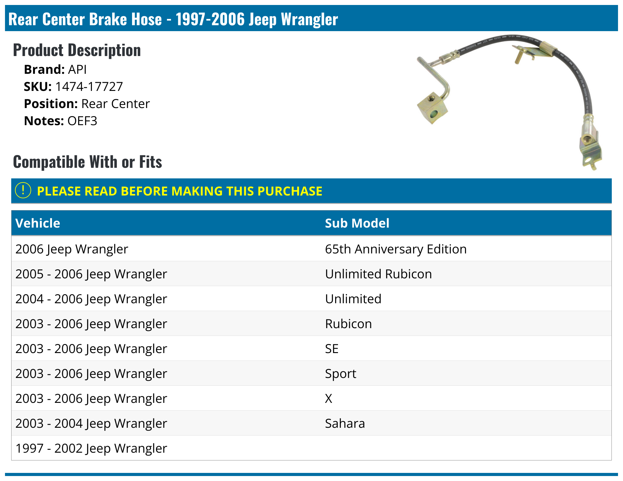 19972006 Jeep Wrangler Brake Hose API 232907348474 Rear Center