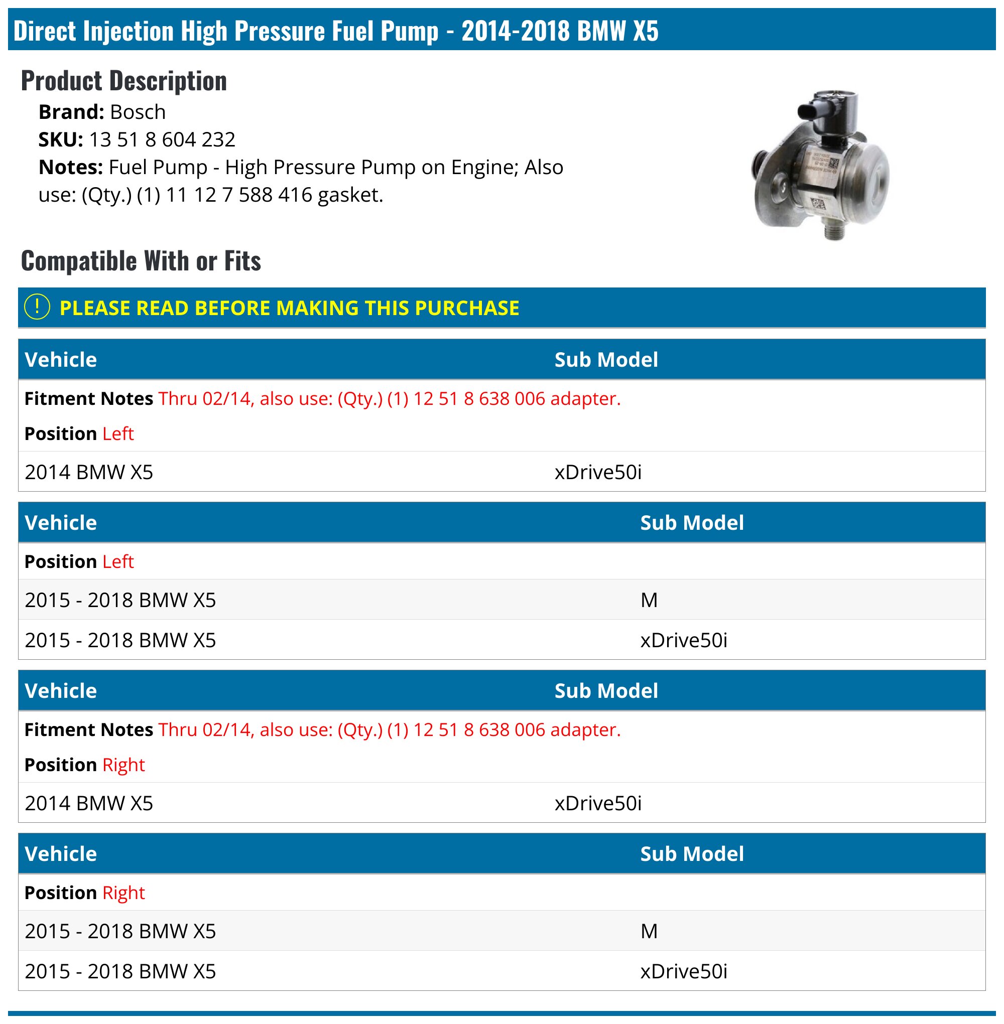 2014-2018 BMW X5 Fuel Pump - Bosch 13 51 8 604 232 - Left - PartsGeek.com