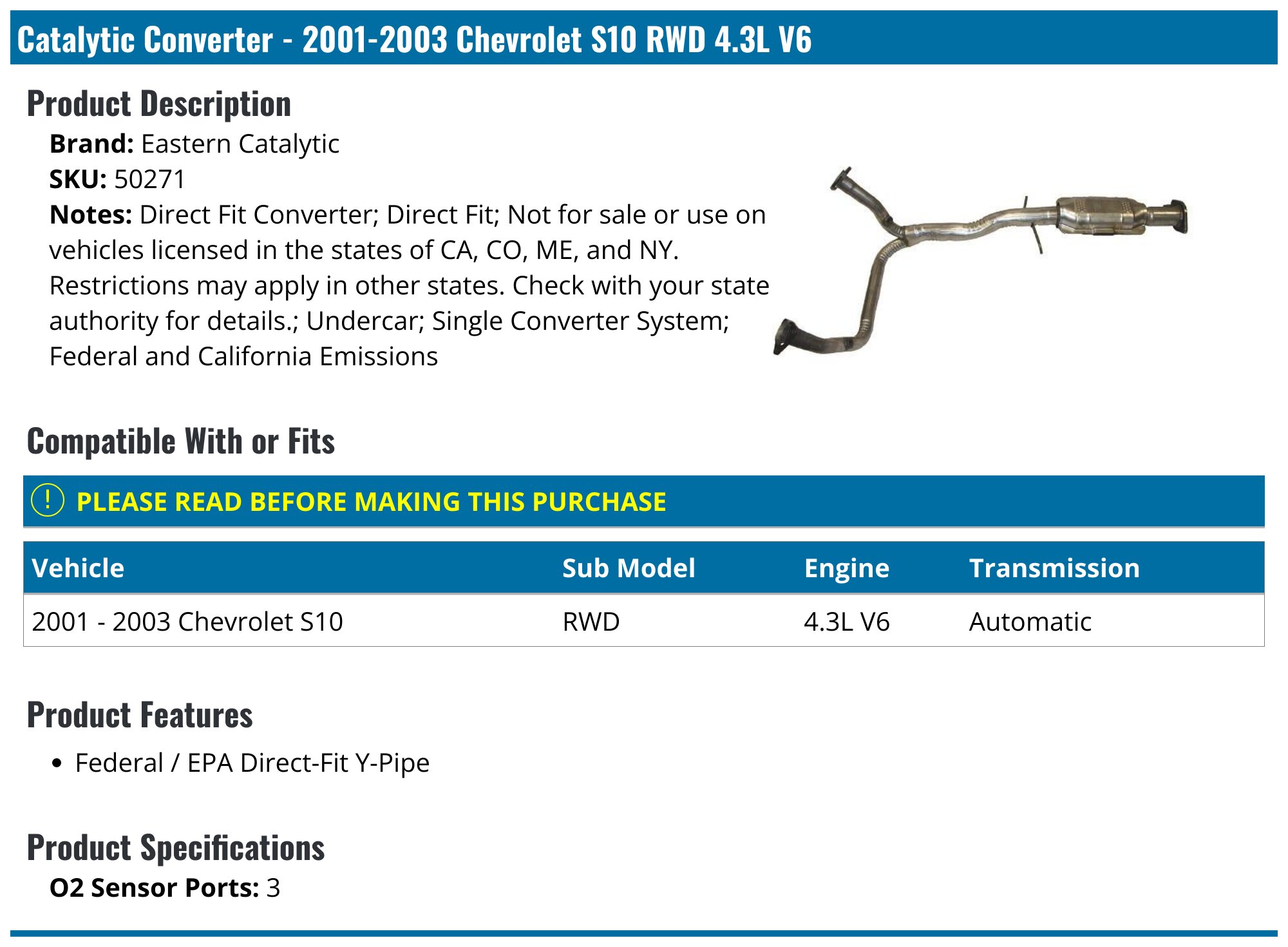 Catalytic Converter & Flex Pipe For 1998-2003 Chevy S10 2.2L RWD - EPA Certified