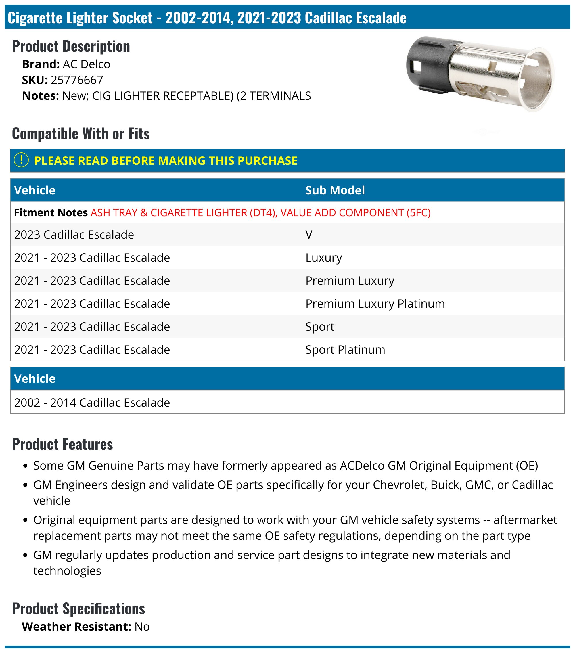 Cigarette Lighter Socket - 2002-2014, 2021-2023 Cadillac Escalade