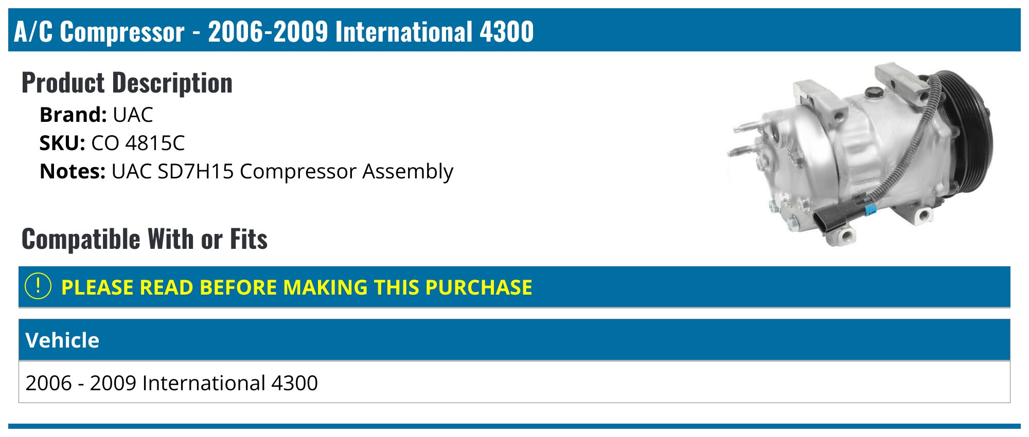 2006-2009 International 4300 A/C Compressor - UAC CO 4815C ...