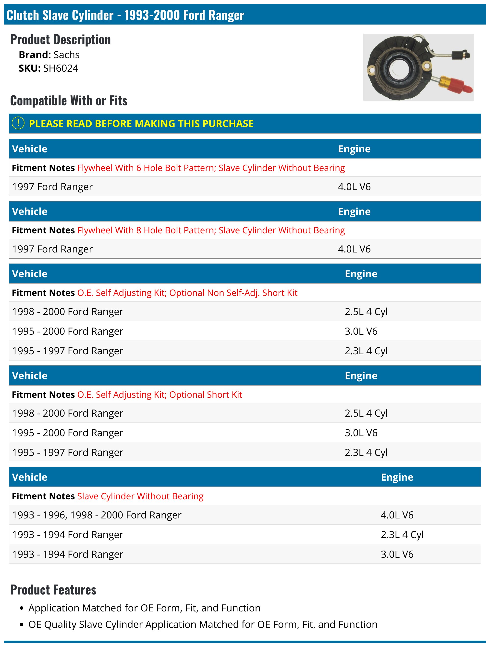 19932000 Ford Ranger Clutch Slave Cylinder Sachs SH6024