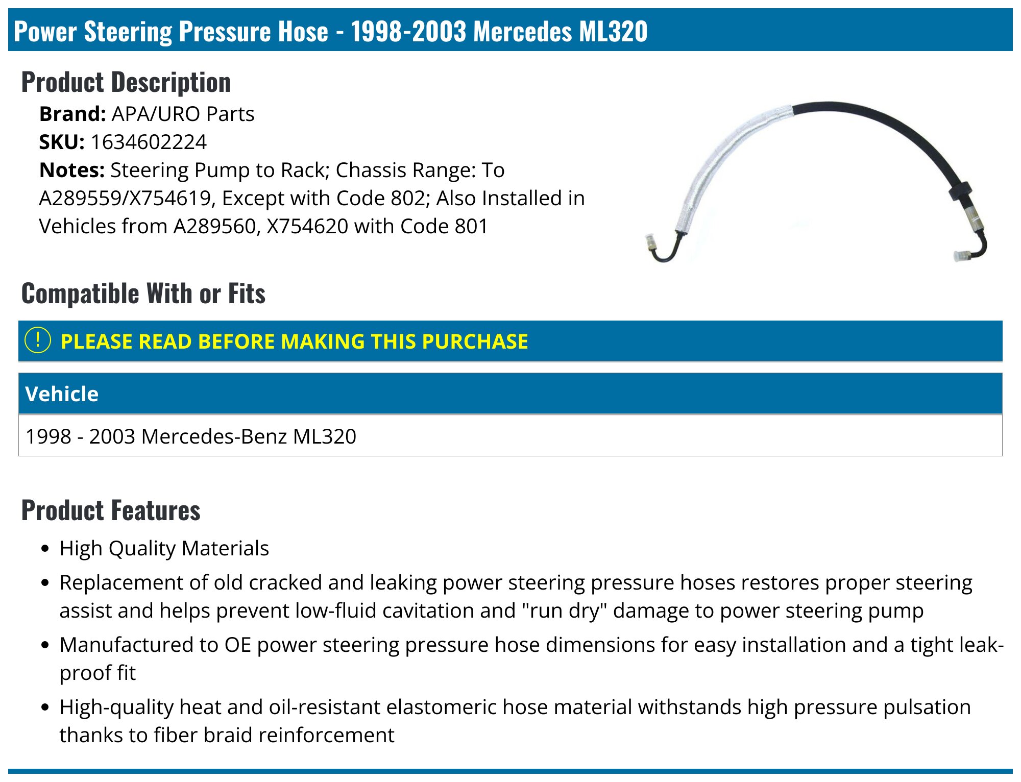 URO Power Steering Pressure Hose Set (Low & High Pressure) For Mercedes W163 ML320
