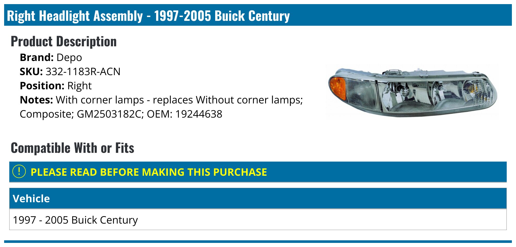 19972005 Buick Century Headlight Assembly Depo 3321183RACN