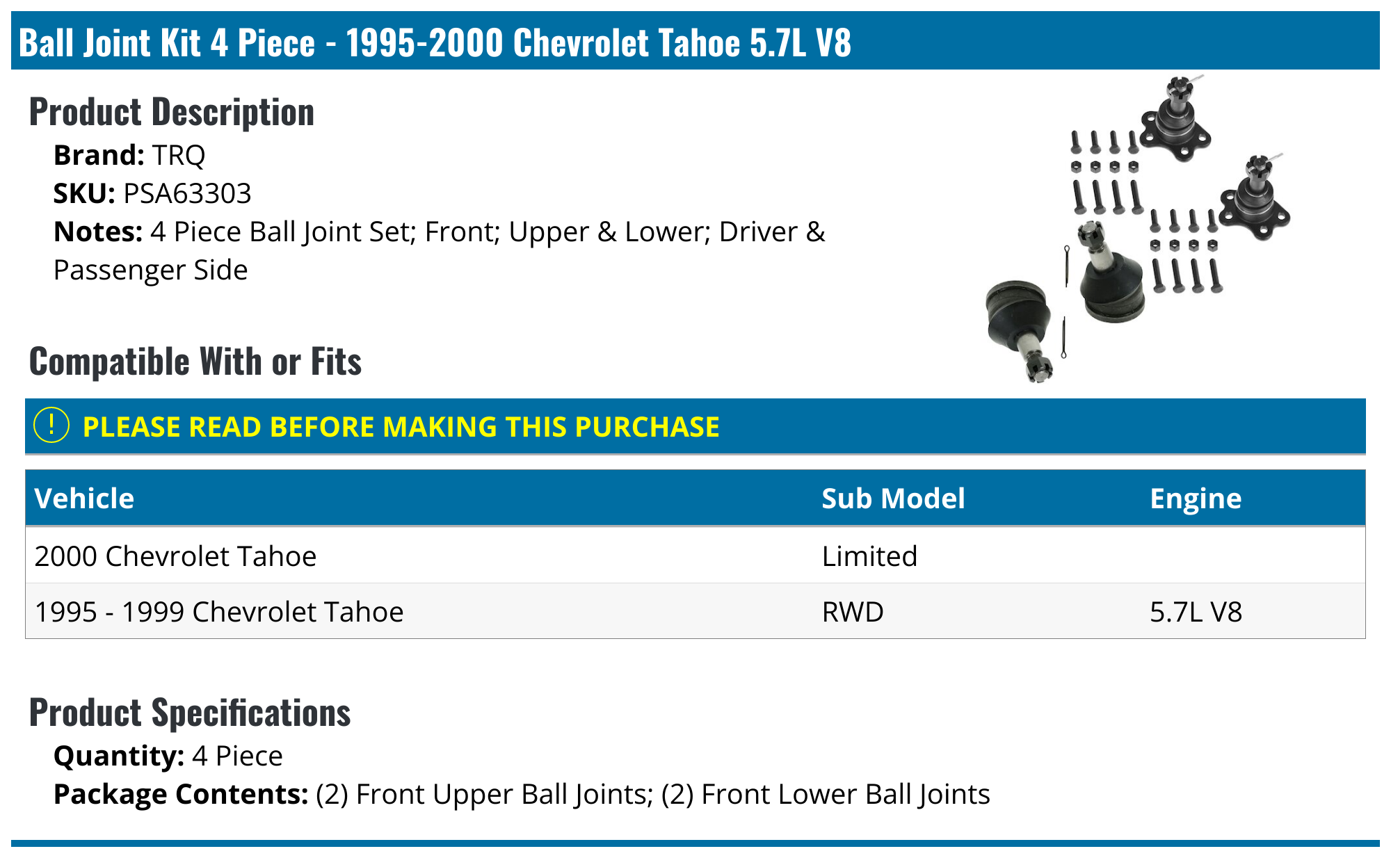 19952000 Chevrolet Tahoe Ball Joint TRQ PSA63303 Front