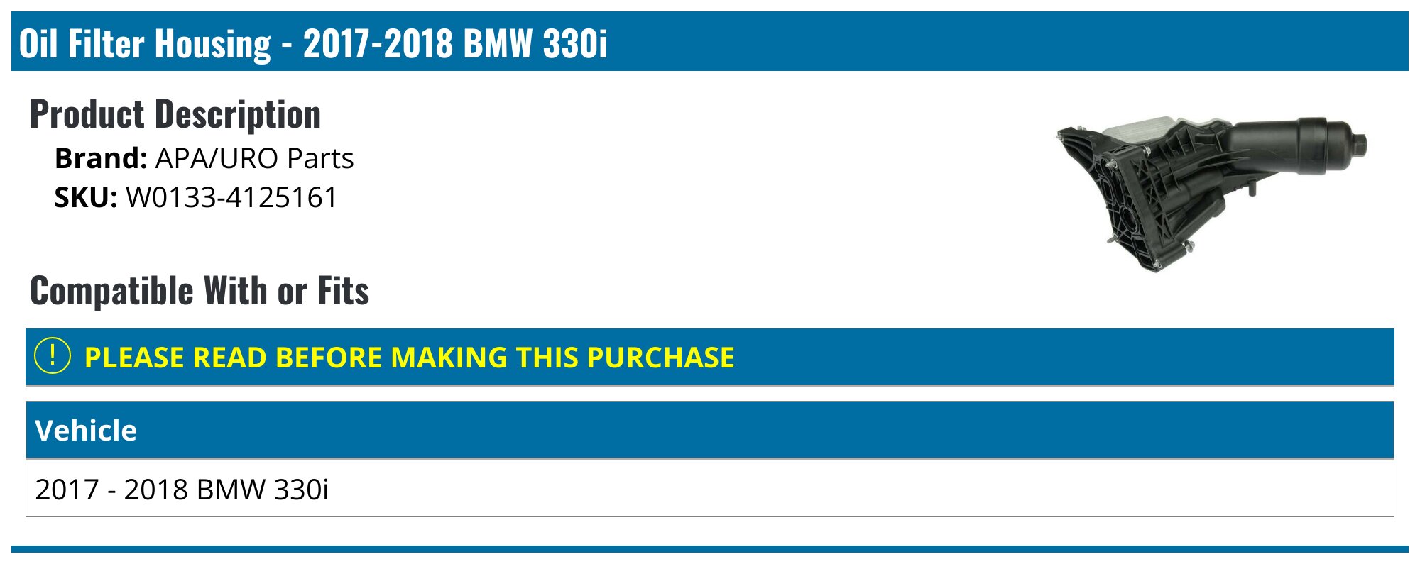 2017-2018 BMW 330i Oil Filter Housing - APA/URO Parts W0133-4125161 ...