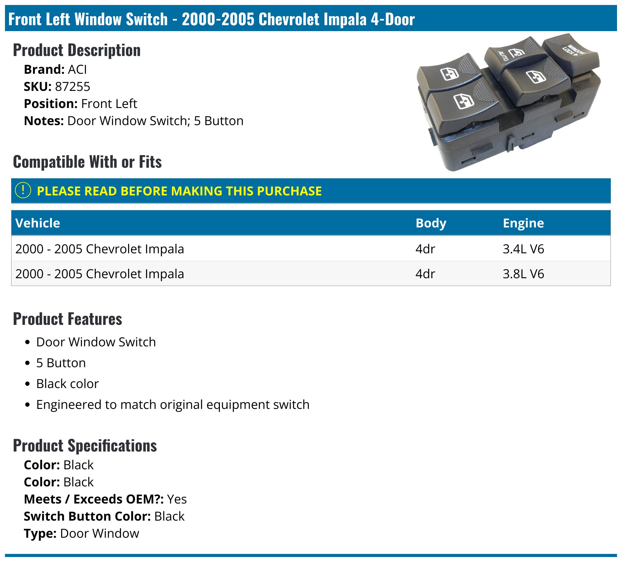 TOPAZ Power Window Master Switch | Driver Side Front | For Chevy Impala 3.8L 3.4L 2000-2005