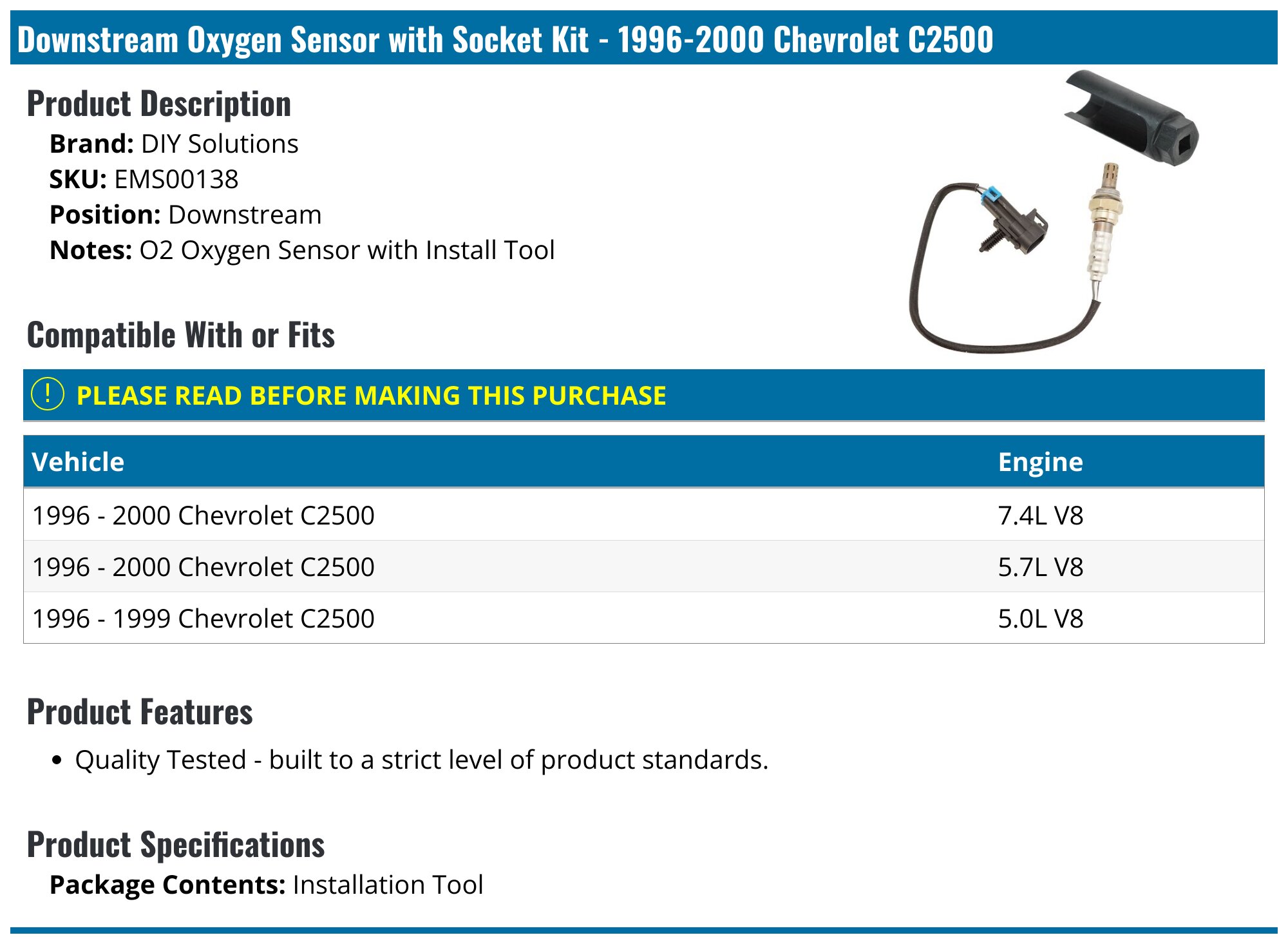 thumbnail image 2 of Upstream Oxygen Sensor For 96-00 GMC Chevy C3500 5.7L 7.4L - AutoDealsParts SG280 2 of 2