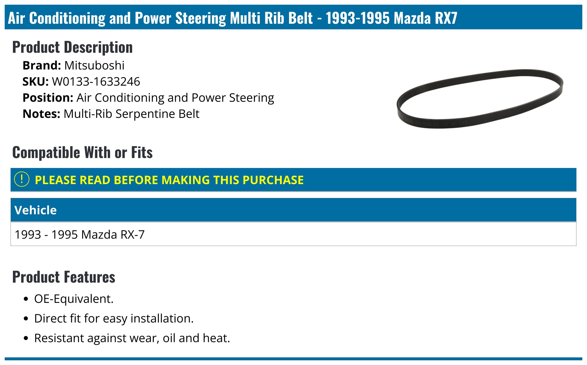 19931995 Mazda RX7 Multi Rib Belt Mitsuboshi W01331633246 Air