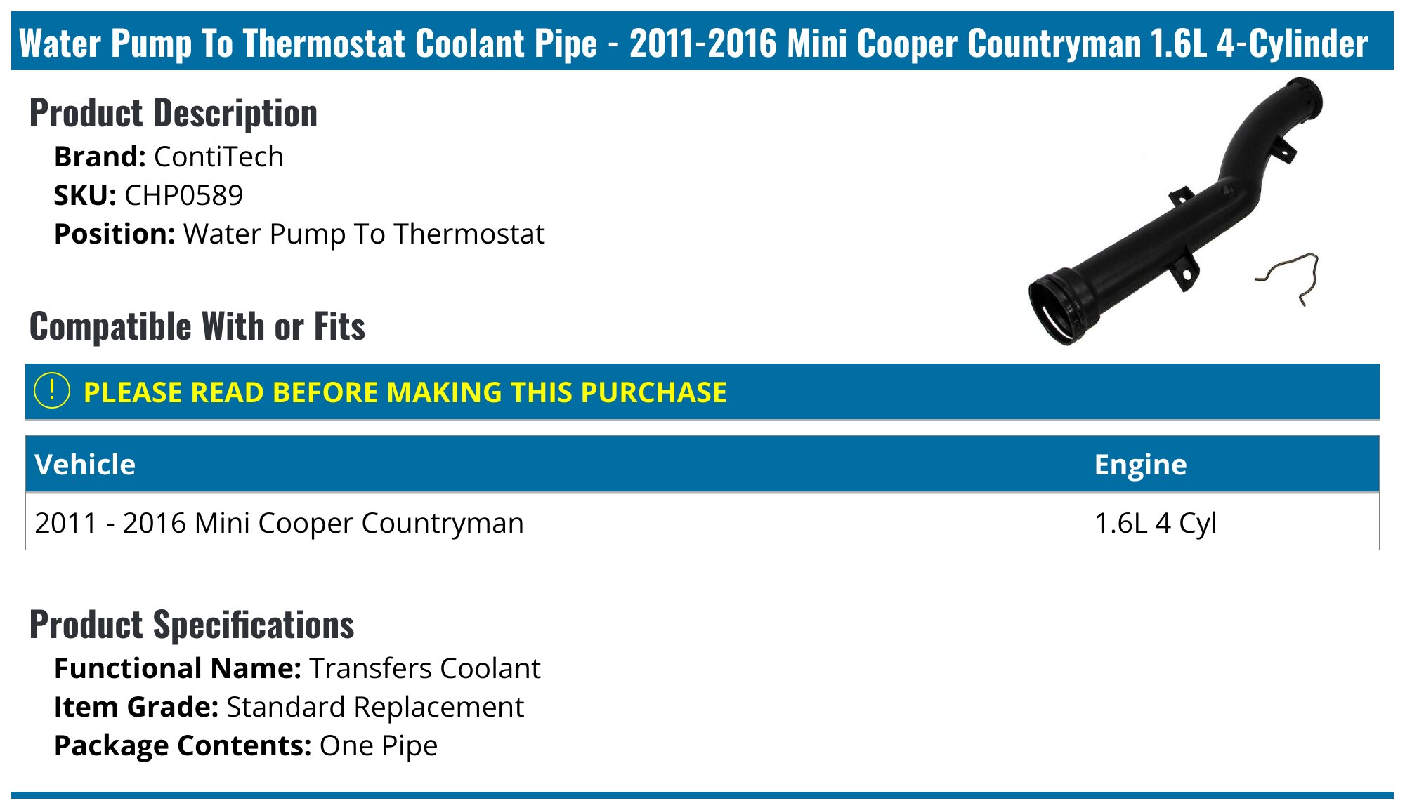 Coolant Pipe w/ O-ring Water Pump to Thermostat Housing (Aluminum) - Mini | 11537589713PRM-URP