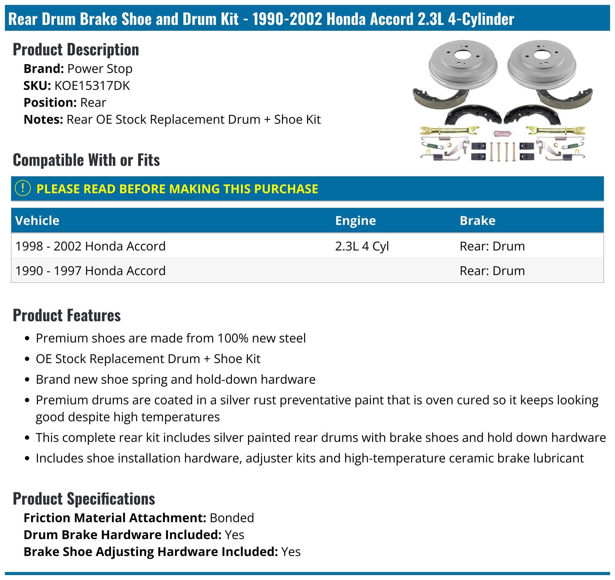 Power Stop KOE15317DK Rear Brake Kit - OE Replacement Drums & Ceramic Brake Pads With Hardware