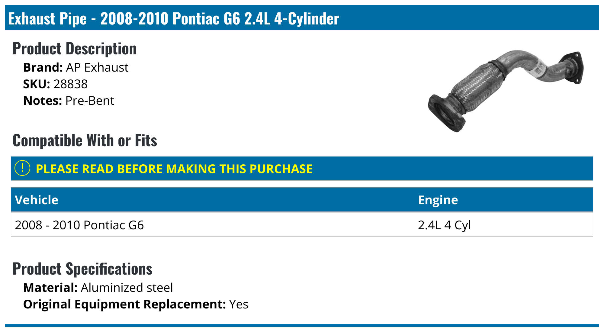 20082010 Pontiac G6 Exhaust Pipe AP Exhaust 28838