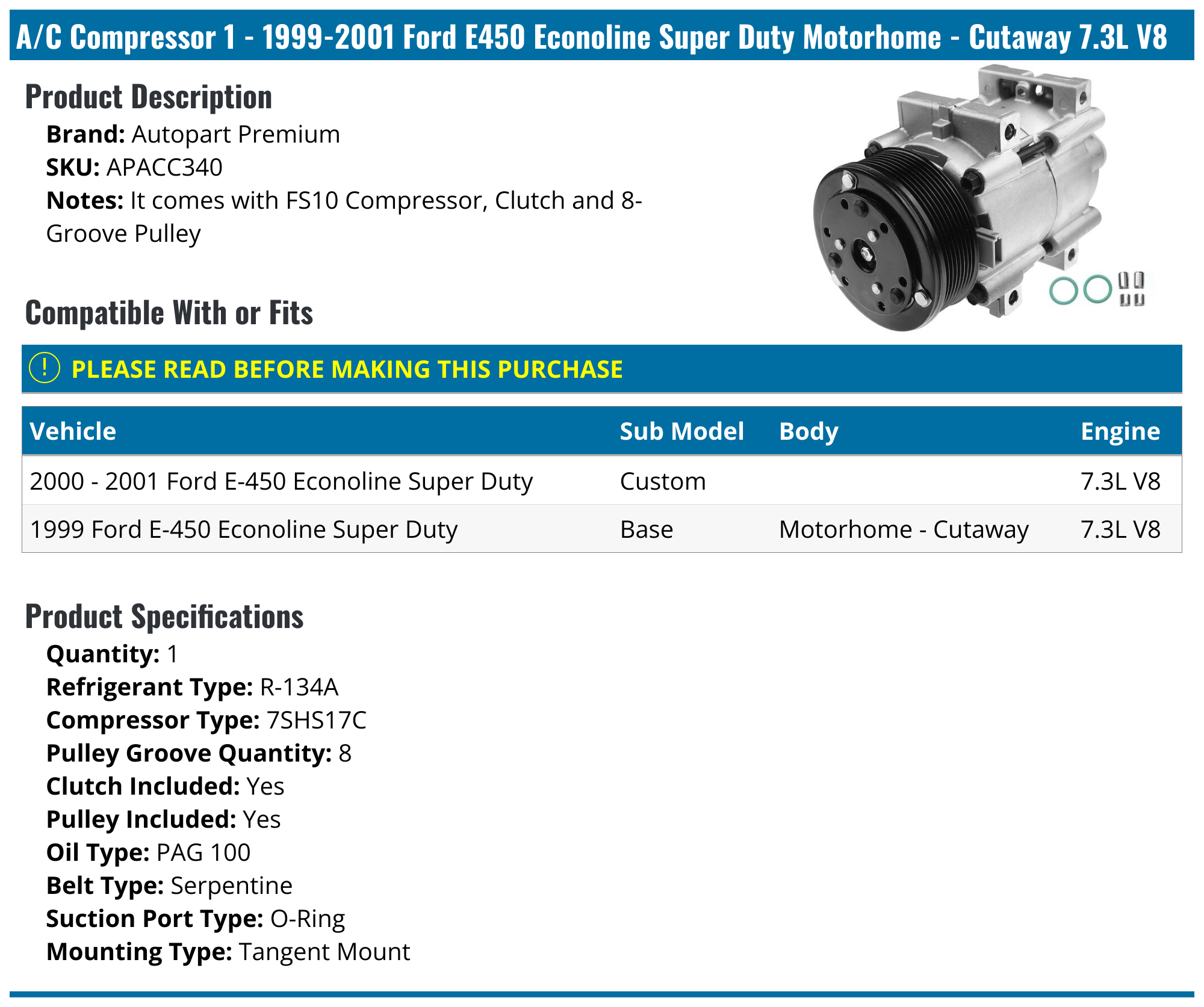 1999-2001 Ford E450 Econoline Super Duty A/C Compressor - Autopart ...