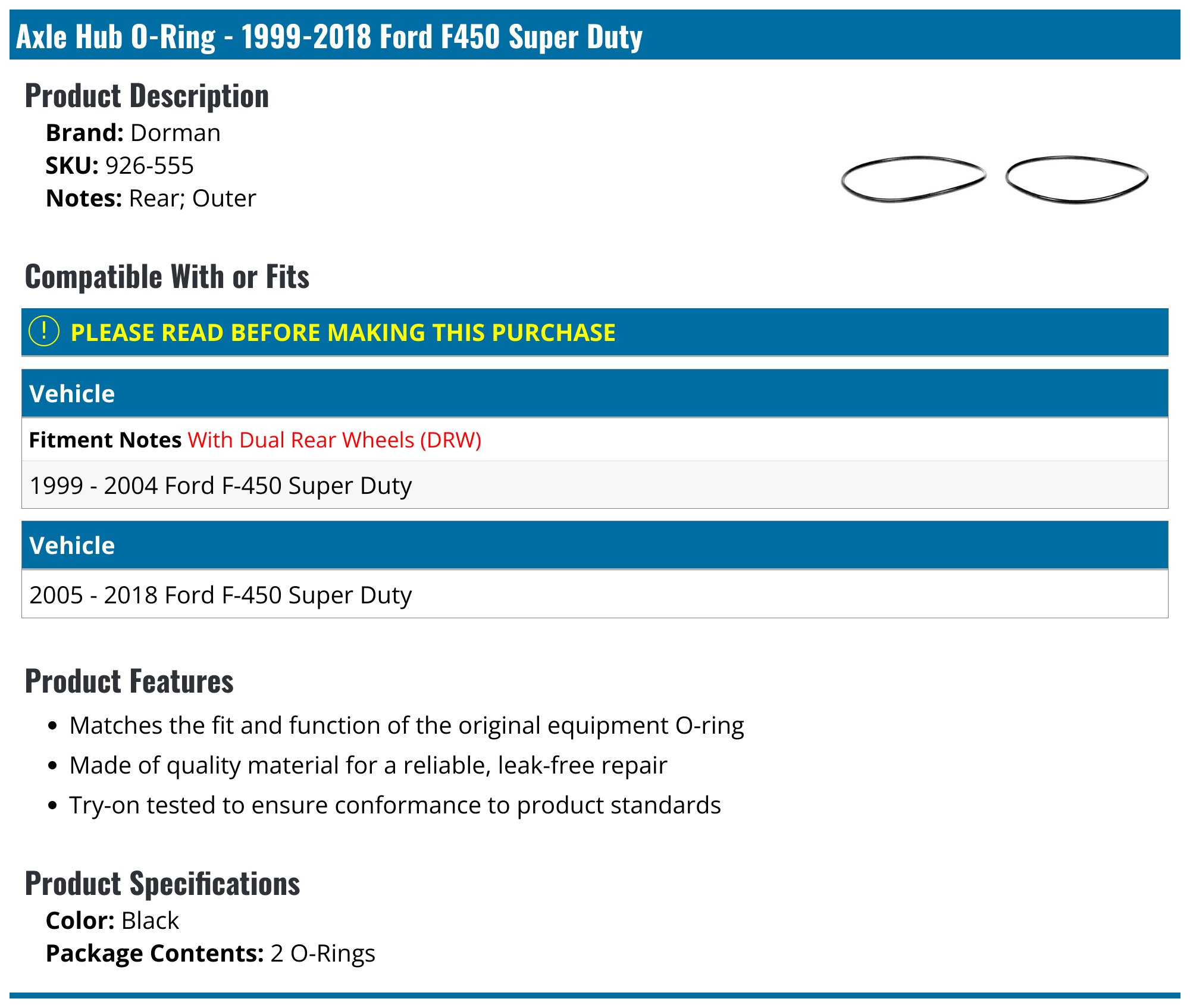 1999-2018 Ford F450 Super Duty Axle Hub O-Ring - Dorman 926-555 ...