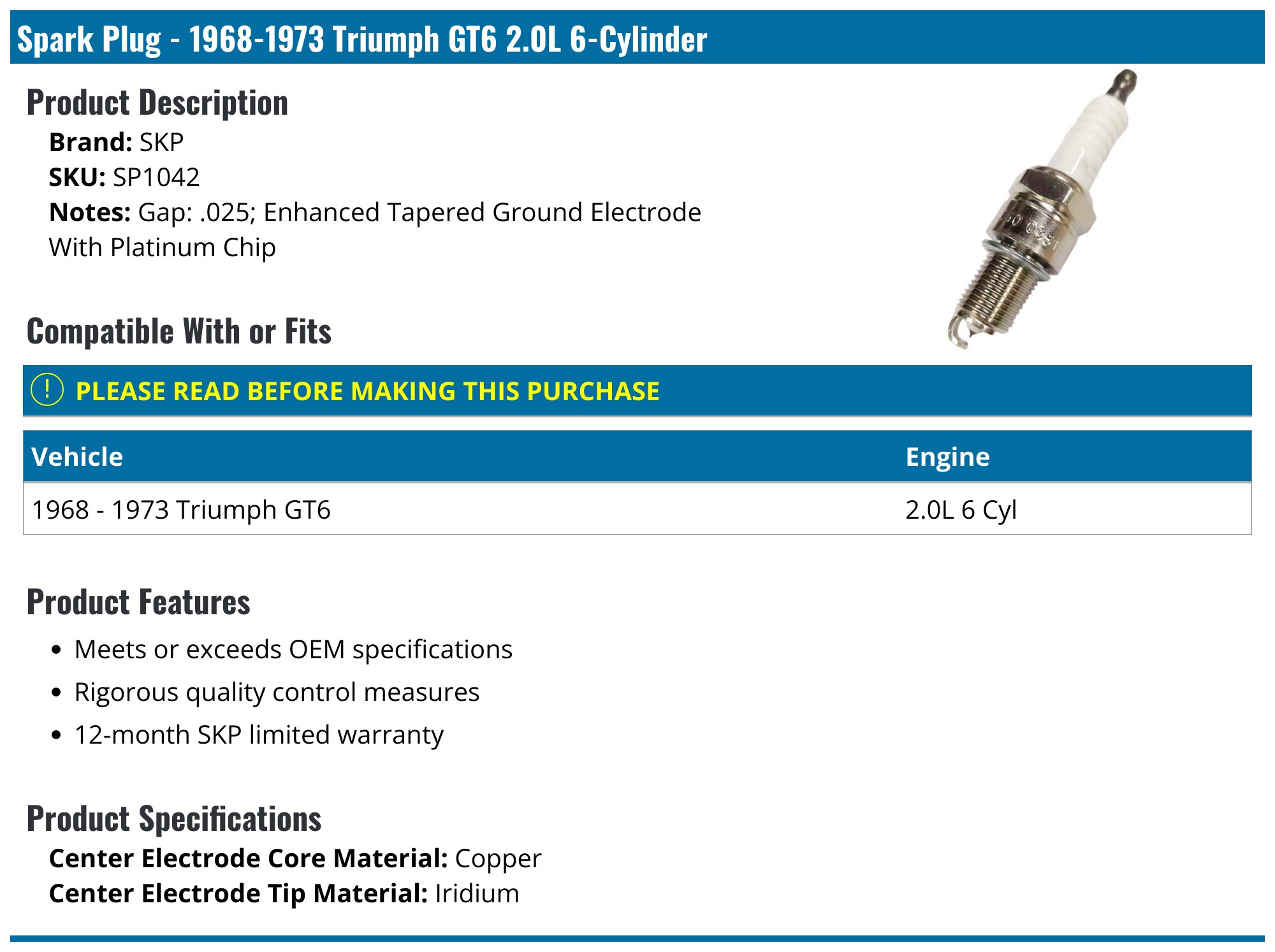 1968-1973 Triumph GT6 Spark Plug - SKP SP1042 - PartsGeek.com