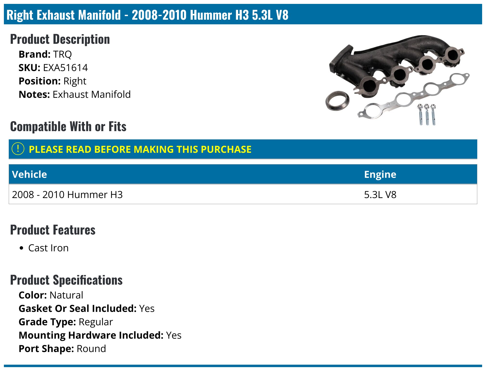 20082010 Hummer H3 Exhaust Manifold TRQ EXA51614 Right