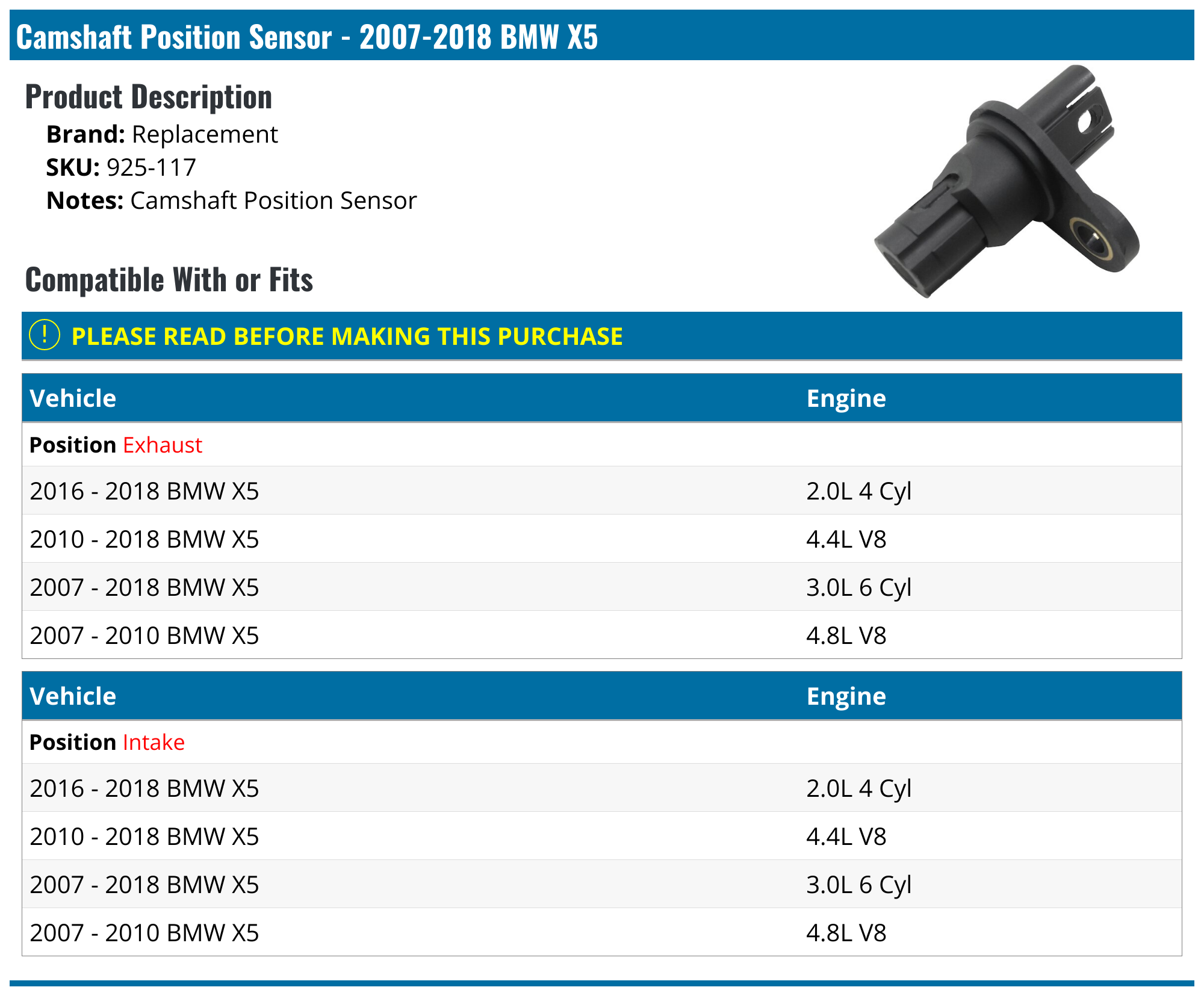 20072018 BMW X5 Camshaft Position Sensor Replacement 925117