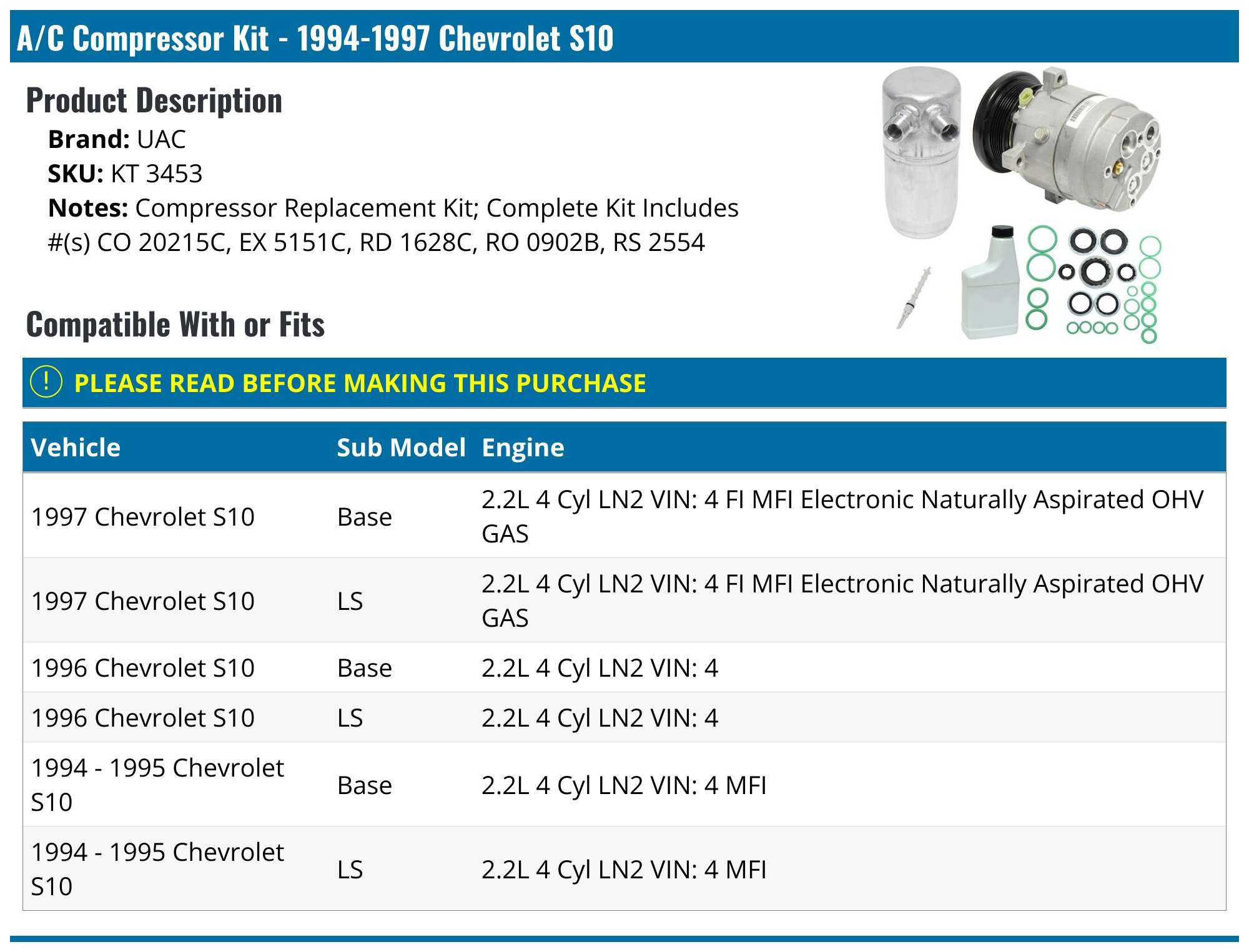 1994-1997 Chevrolet S10 A/C Compressor - UAC KT 3453 - PartsGeek.com