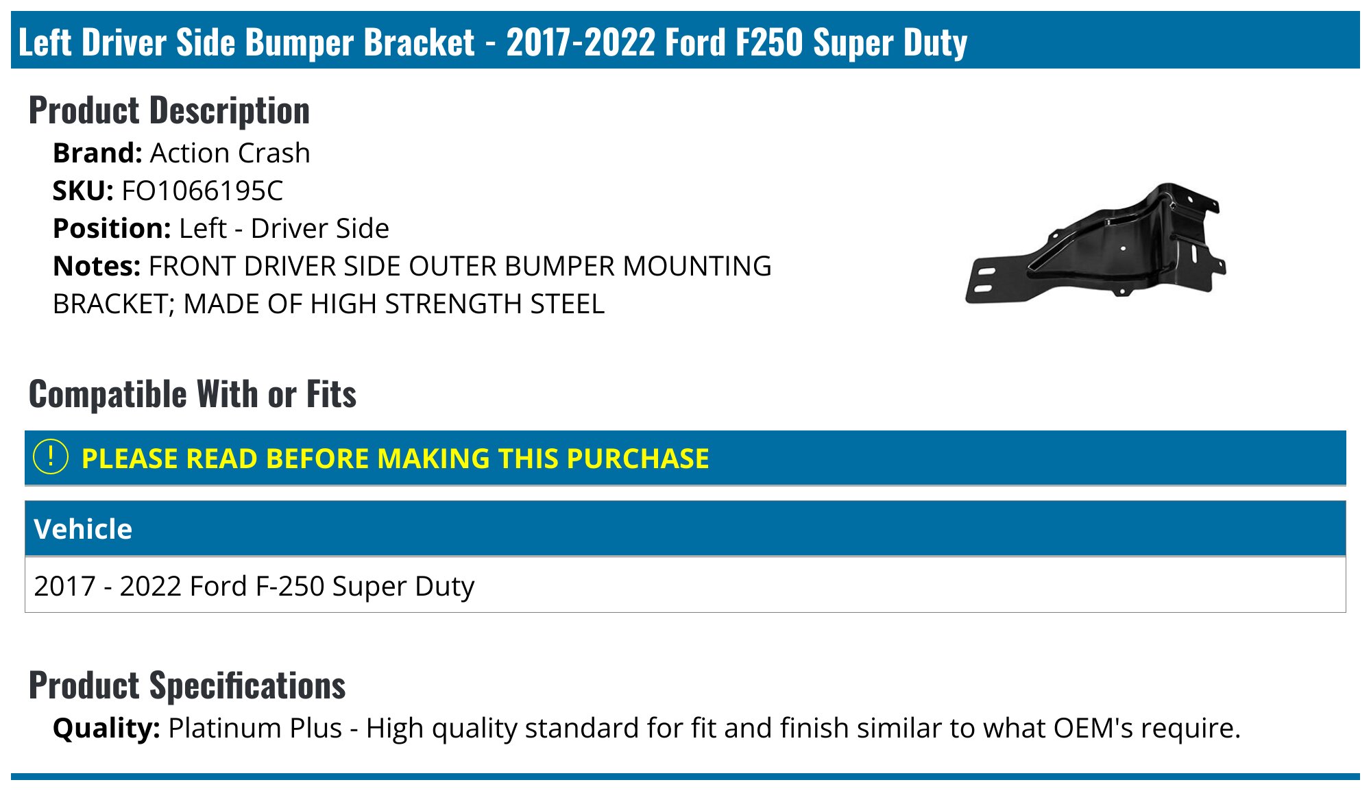 Evan-Fischer Rear Driver Side Bumper Bracket For Ford F-250 Super Duty 2017-2022 - HC3Z17788A