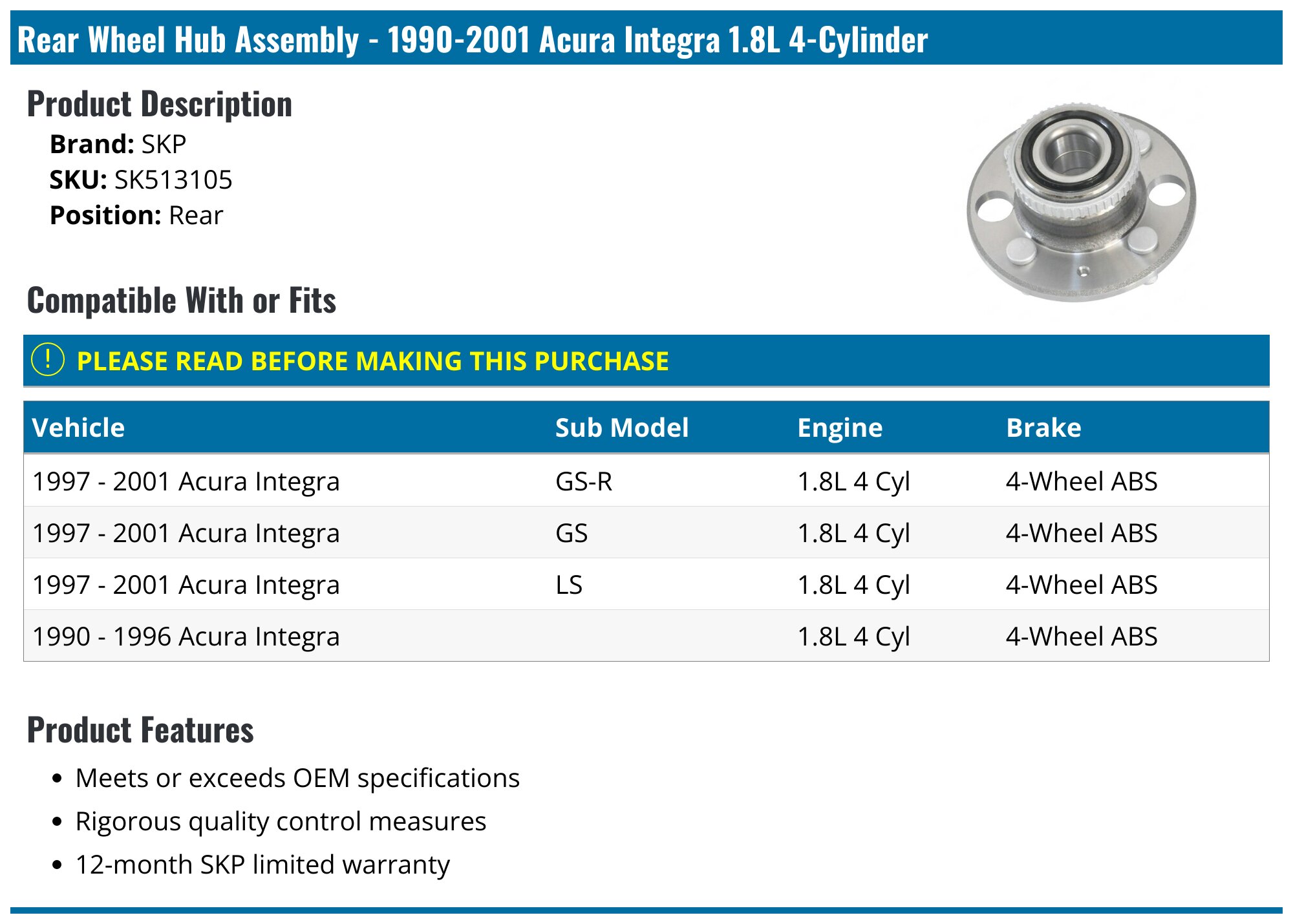 Pair Of Rear Wheel Bearing & Hub Assemblies For 90-00 Honda Civic / Acura Integra (w/ ABS)