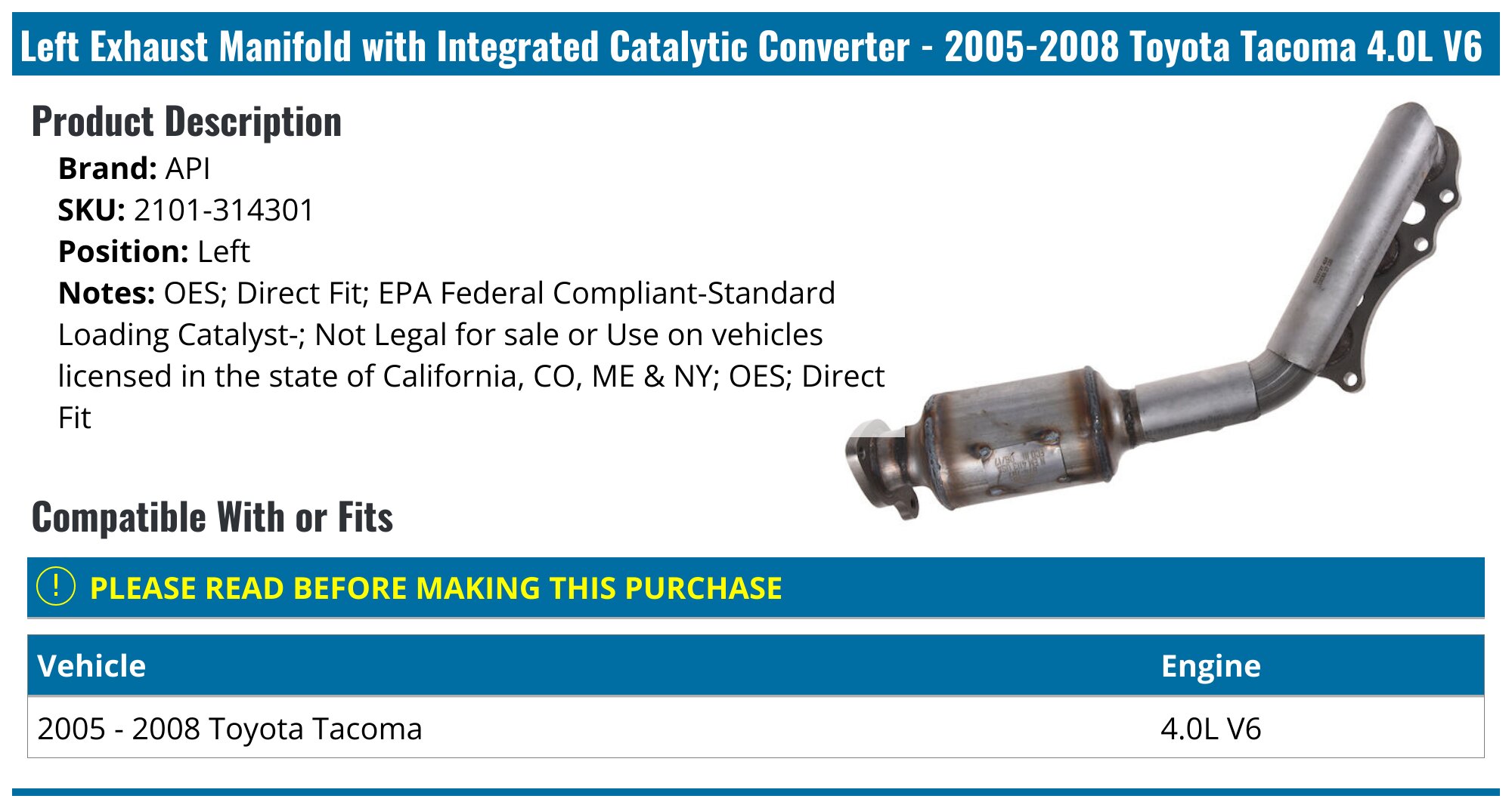 Catalytic Converter fit for Toyota Tacoma 2005-2020 L4 2.7L -Replace