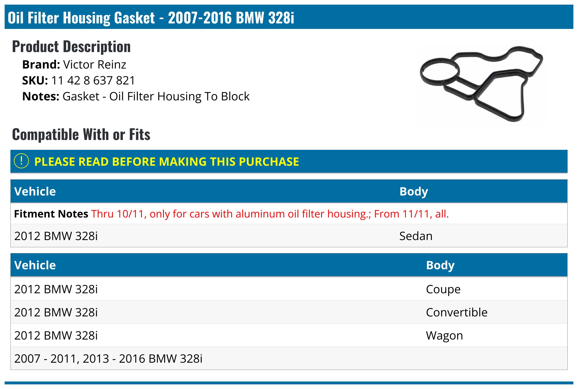 20072016 BMW 328i Oil Filter Housing Gasket Victor Reinz 11 42 8 637