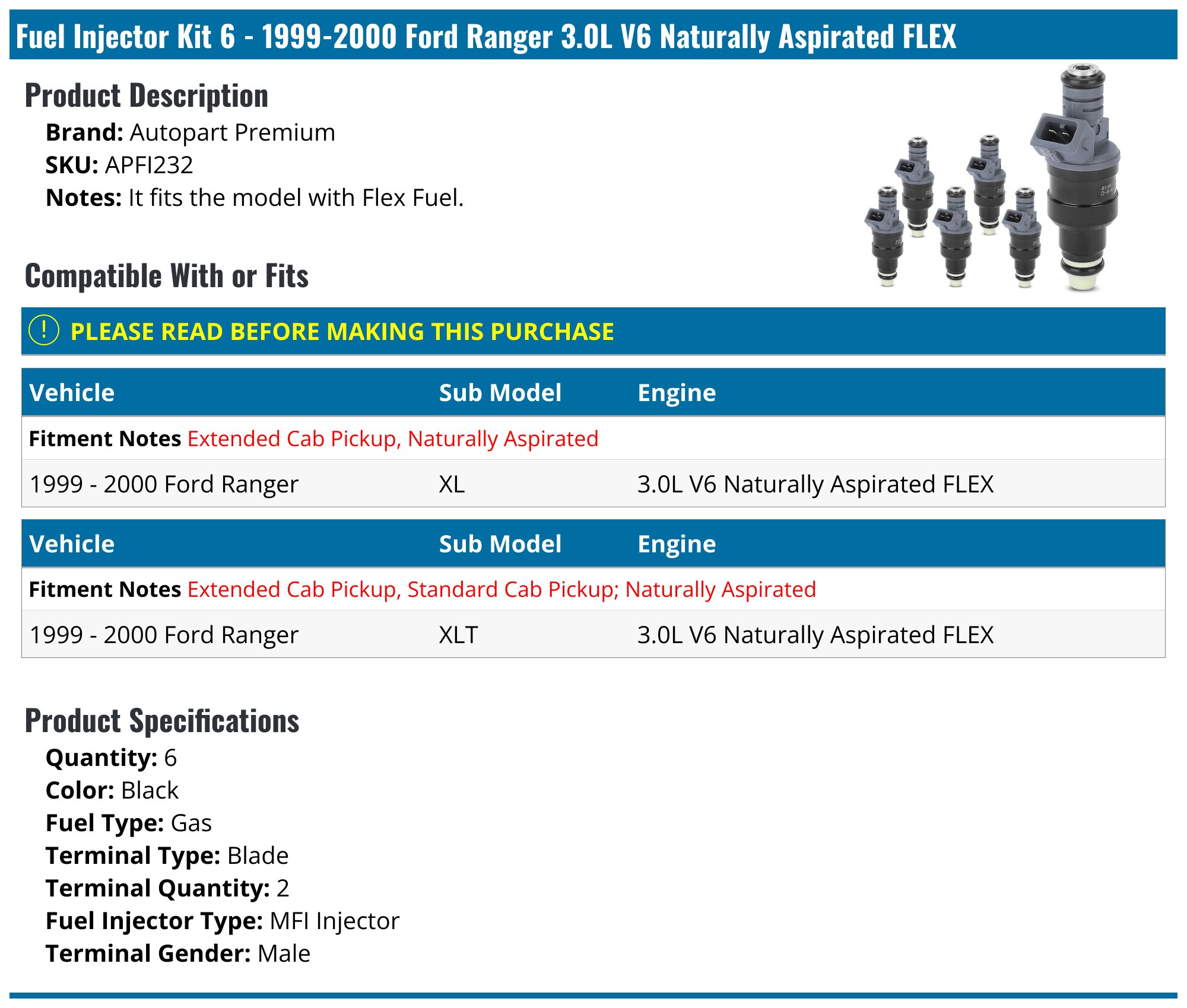 1999-2000 Ford Ranger Fuel Injector - Autopart Premium APFI232 ...