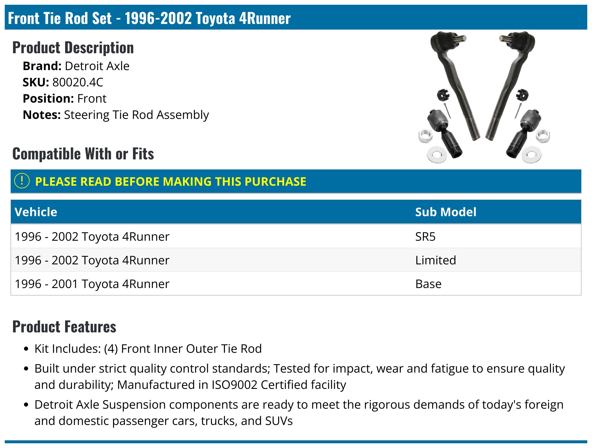 thumbnail image 2 of Front End Suspension Kit – Upper/Lower Control Arms, Ball Joints, Sway Bar, Tie Rods For 1996-2002 Toyota 4Runner 2 of 6
